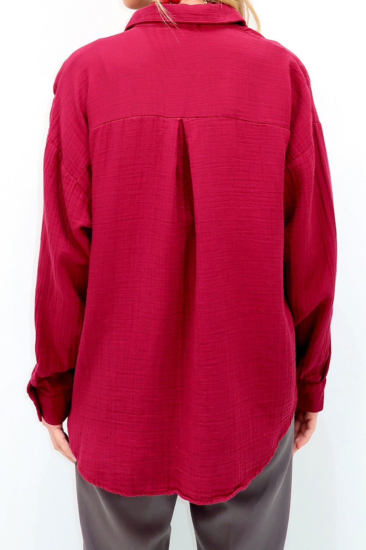 Bordo Tek Cepli Keten Görünümlü Oversize Dokuma Gömlek