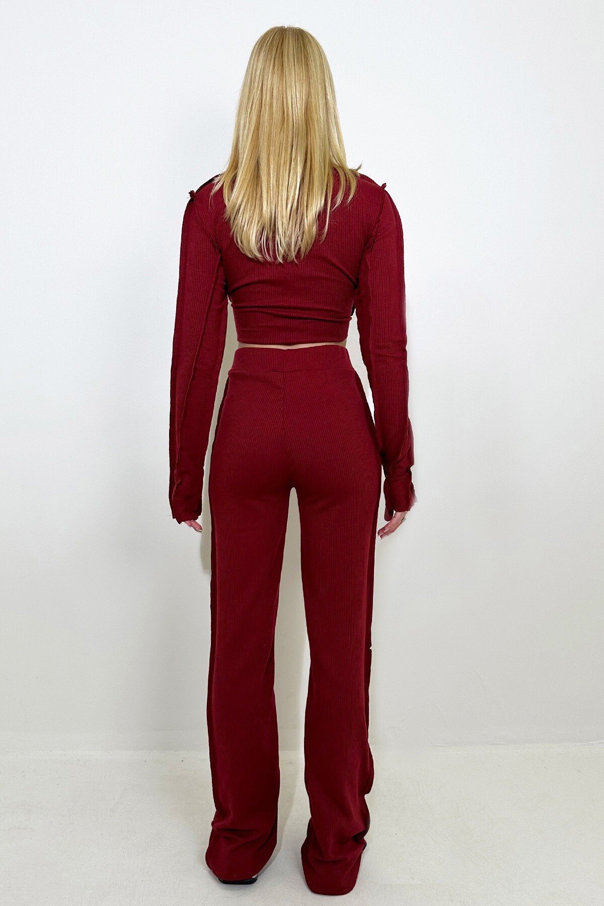 Bordo Ters Dikiş Detaylı Likralı Alt Üst Takım