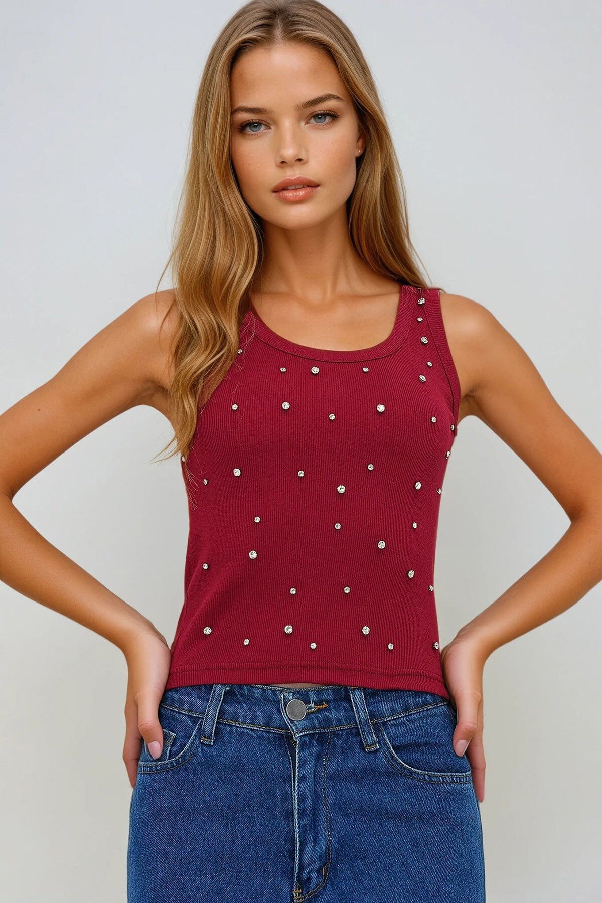 Bordo U Yaka Kalın Askılı Taş Çakımlı Kaşkorse Atlet Bluz