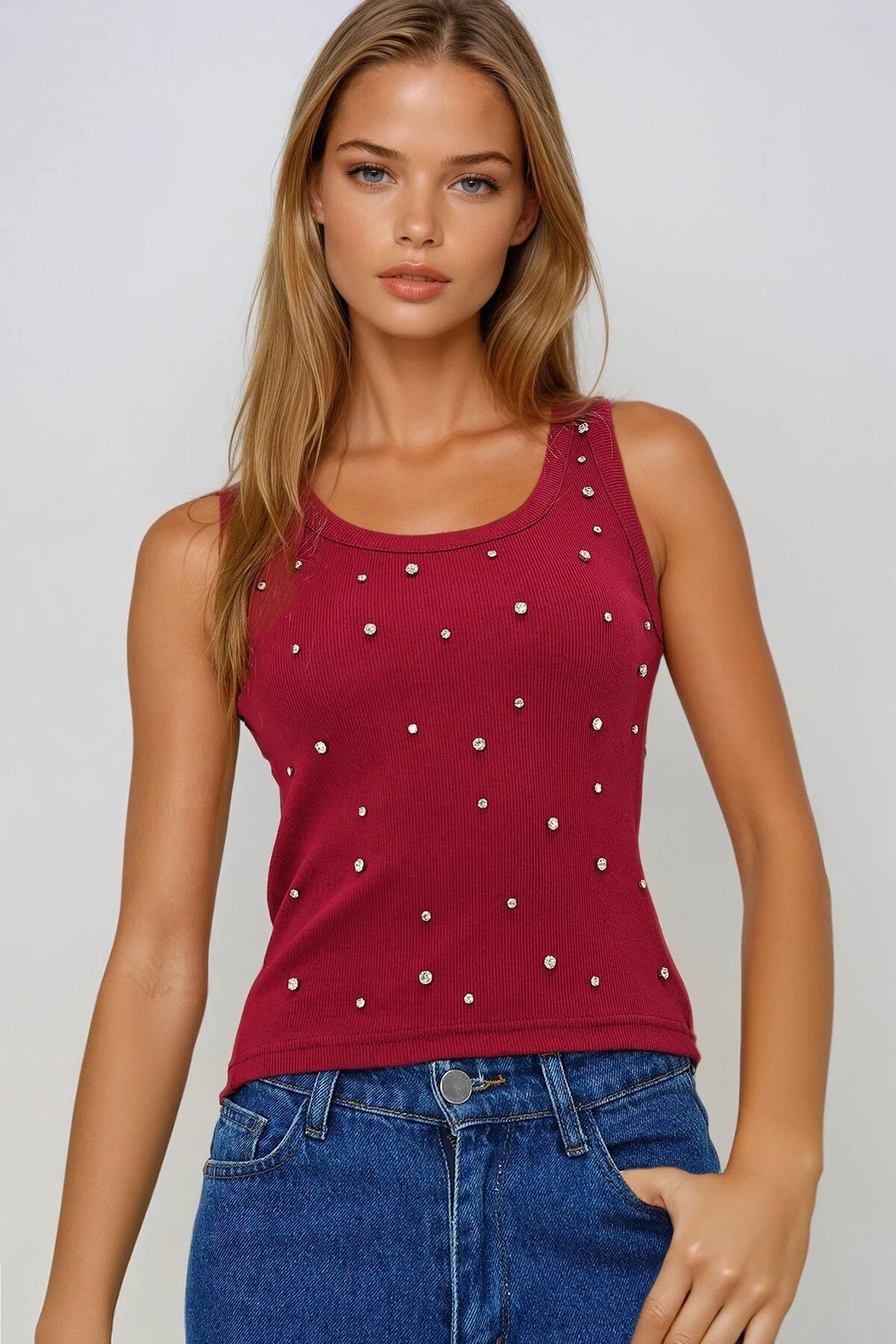 Bordo U Yaka Kalın Askılı Taş Çakımlı Kaşkorse Atlet Bluz