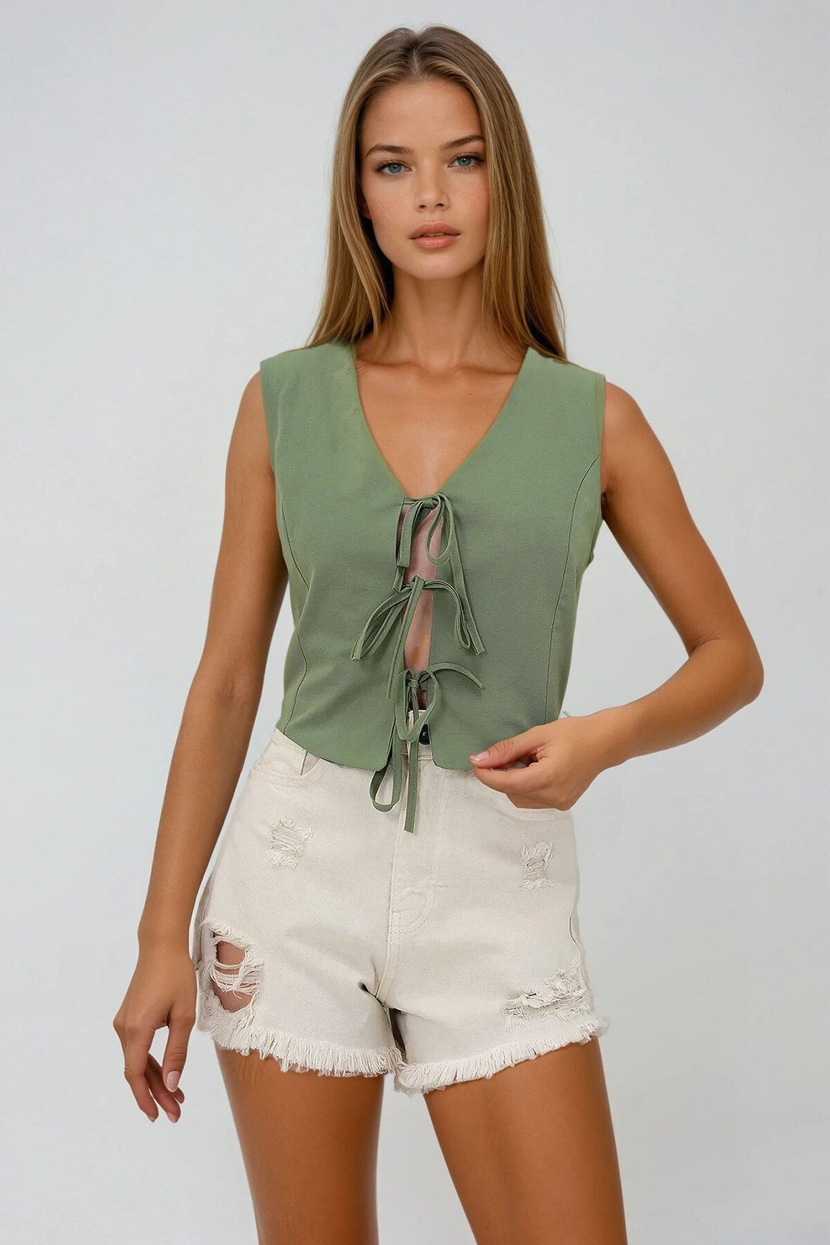 Çağla Yeşili Bağlama Detaylı İçi Astarlı Yazlık Dokuma Yelek