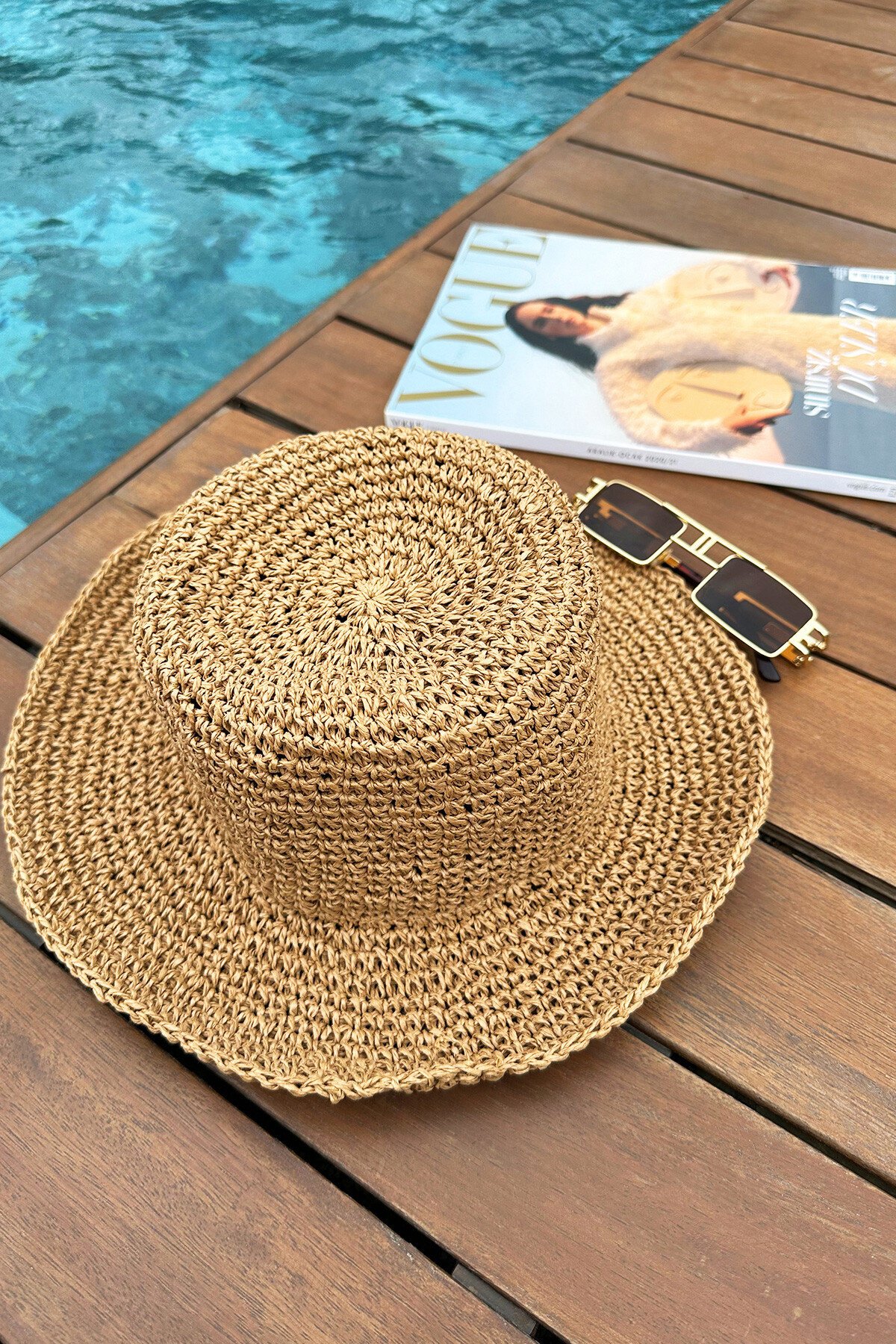 Camel El Örgüsü Hasır Şapka