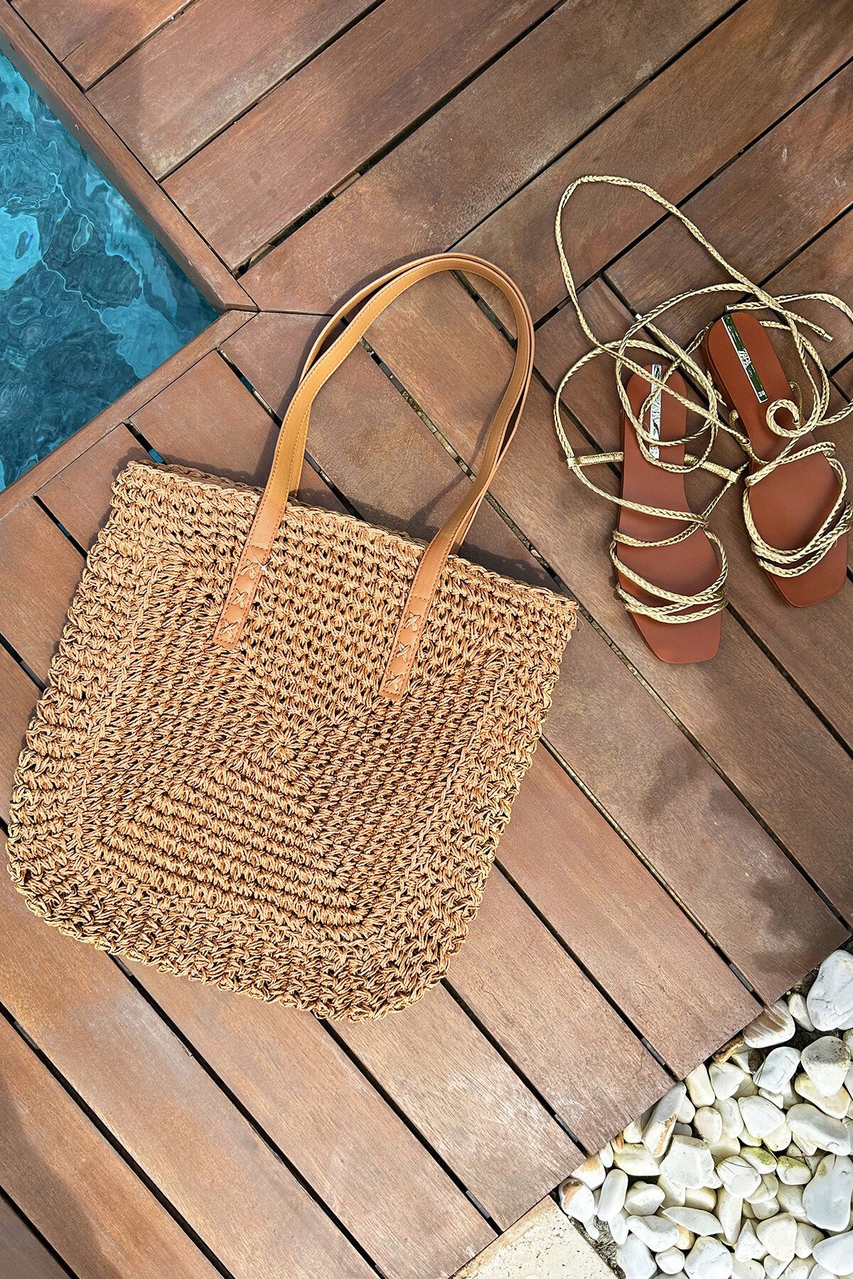 Camel El Yapımı Örme Astarlı  Hasır Fermuarlı Çanta