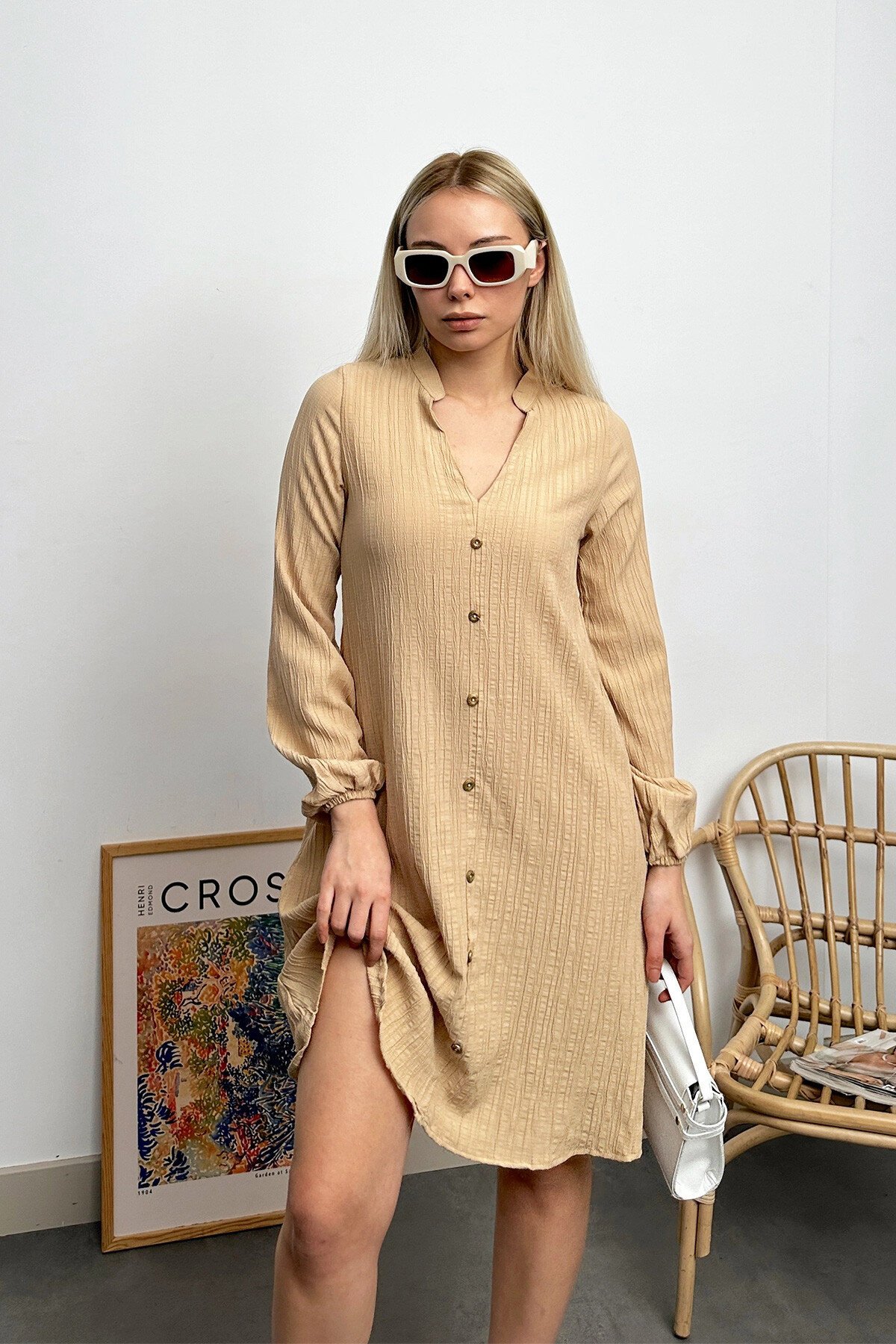 Camel Hakim Yaka Düğmeli Krinkıl Gömlek Elbise