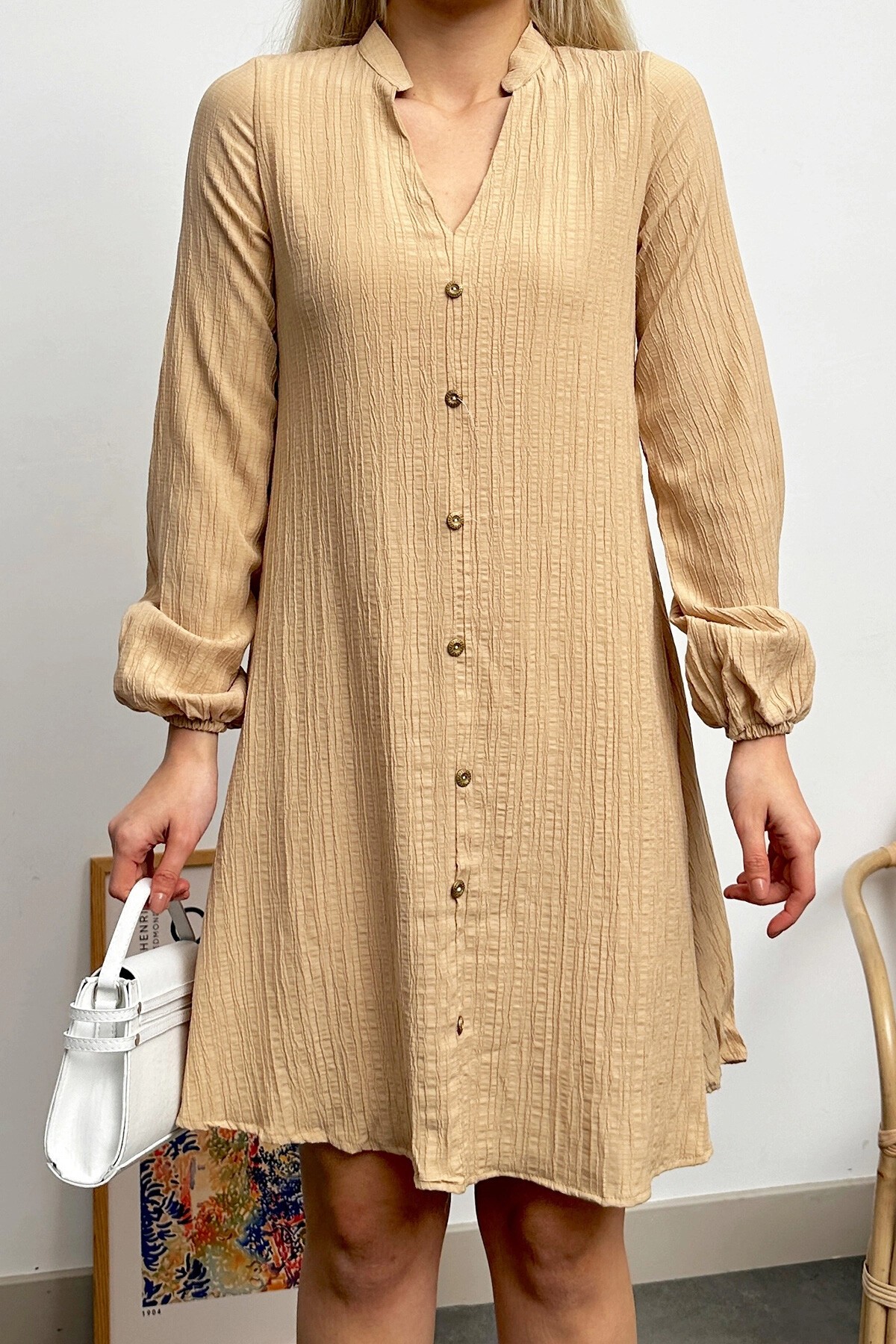 Camel Hakim Yaka Düğmeli Krinkıl Gömlek Elbise