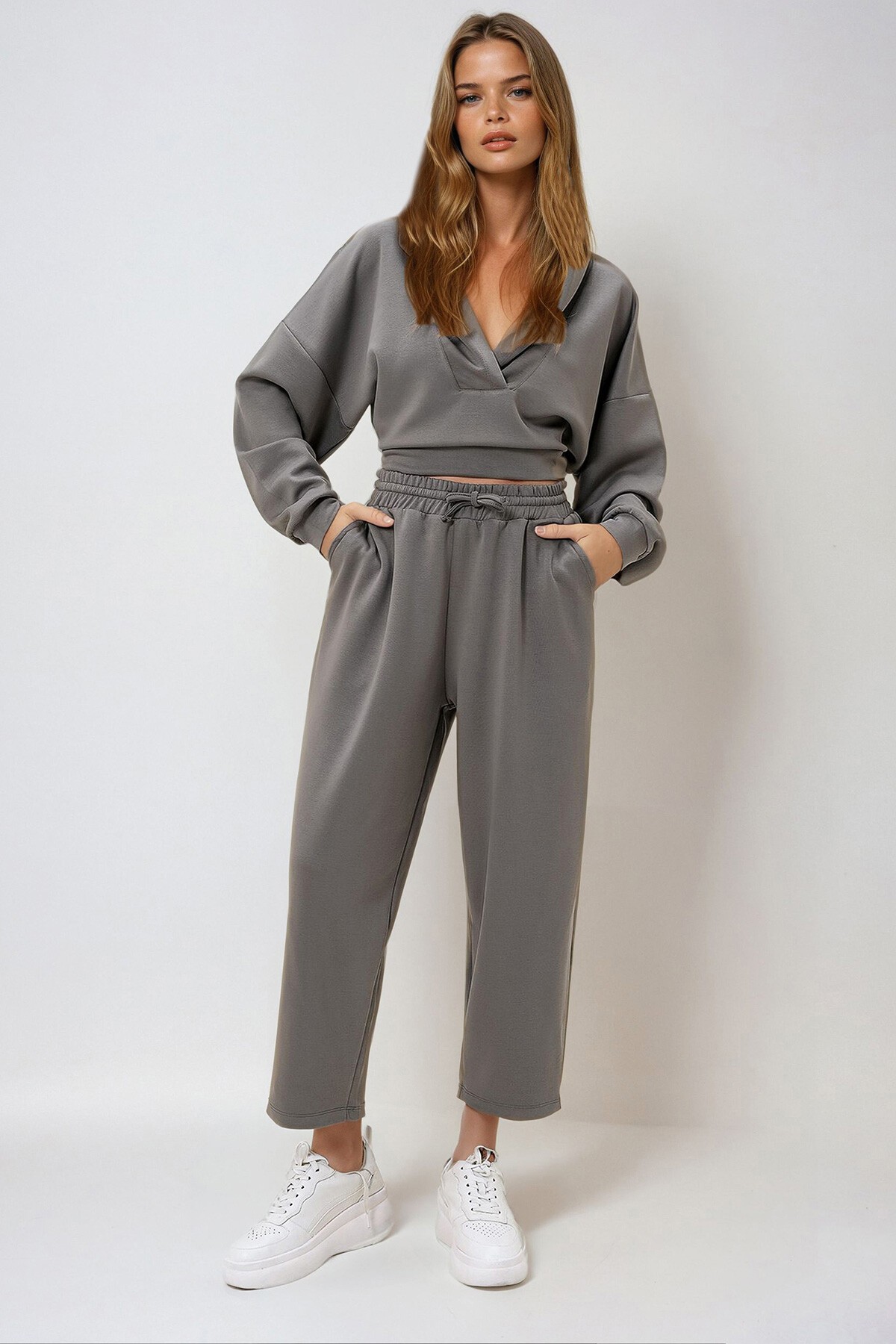 Ceviz Yeşili Kapüşonlu Kruvaze Yaka Bol Kesim Modal Alt Üst Takım