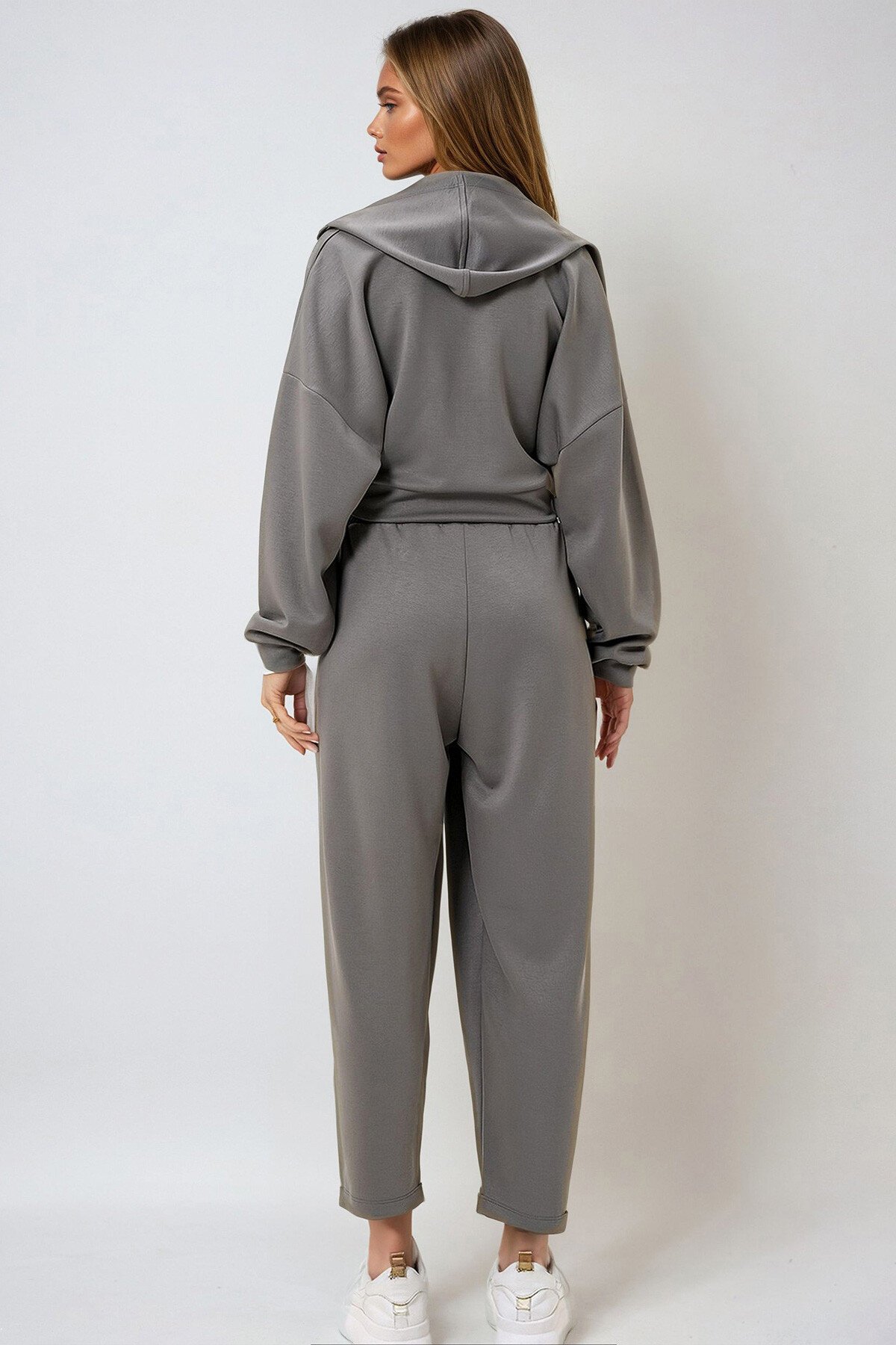 Ceviz Yeşili Kapüşonlu Kruvaze Yaka Bol Kesim Modal Alt Üst Takım