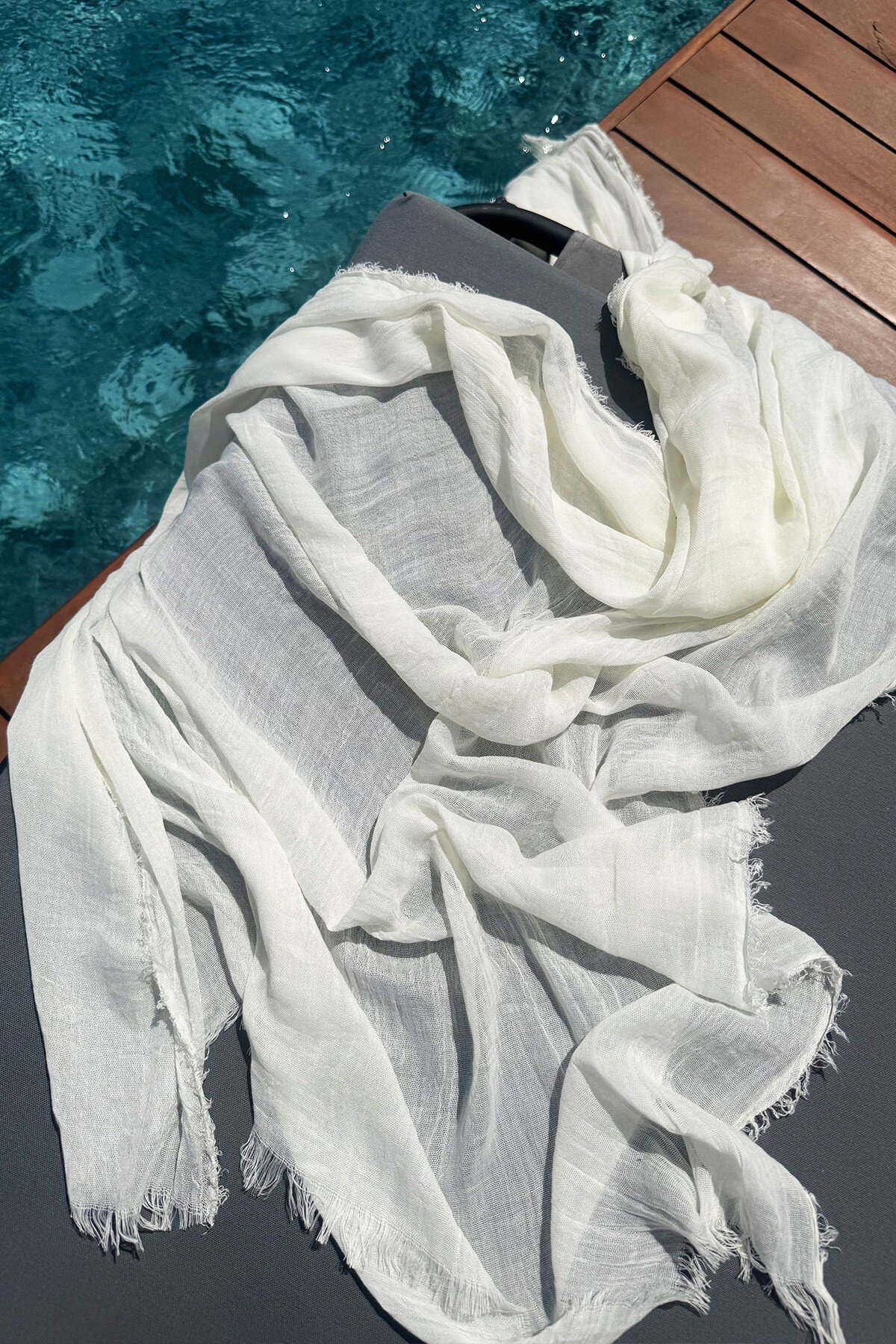 Ekru Belden Bağlamalı Pamuk Şal Plaj Pareo