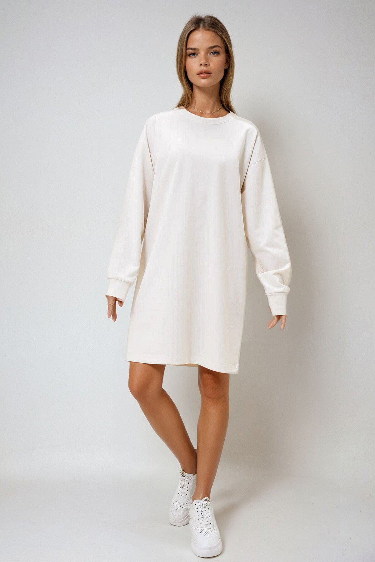 Ekru Bisiklet Yaka Sweatshirt Elbise