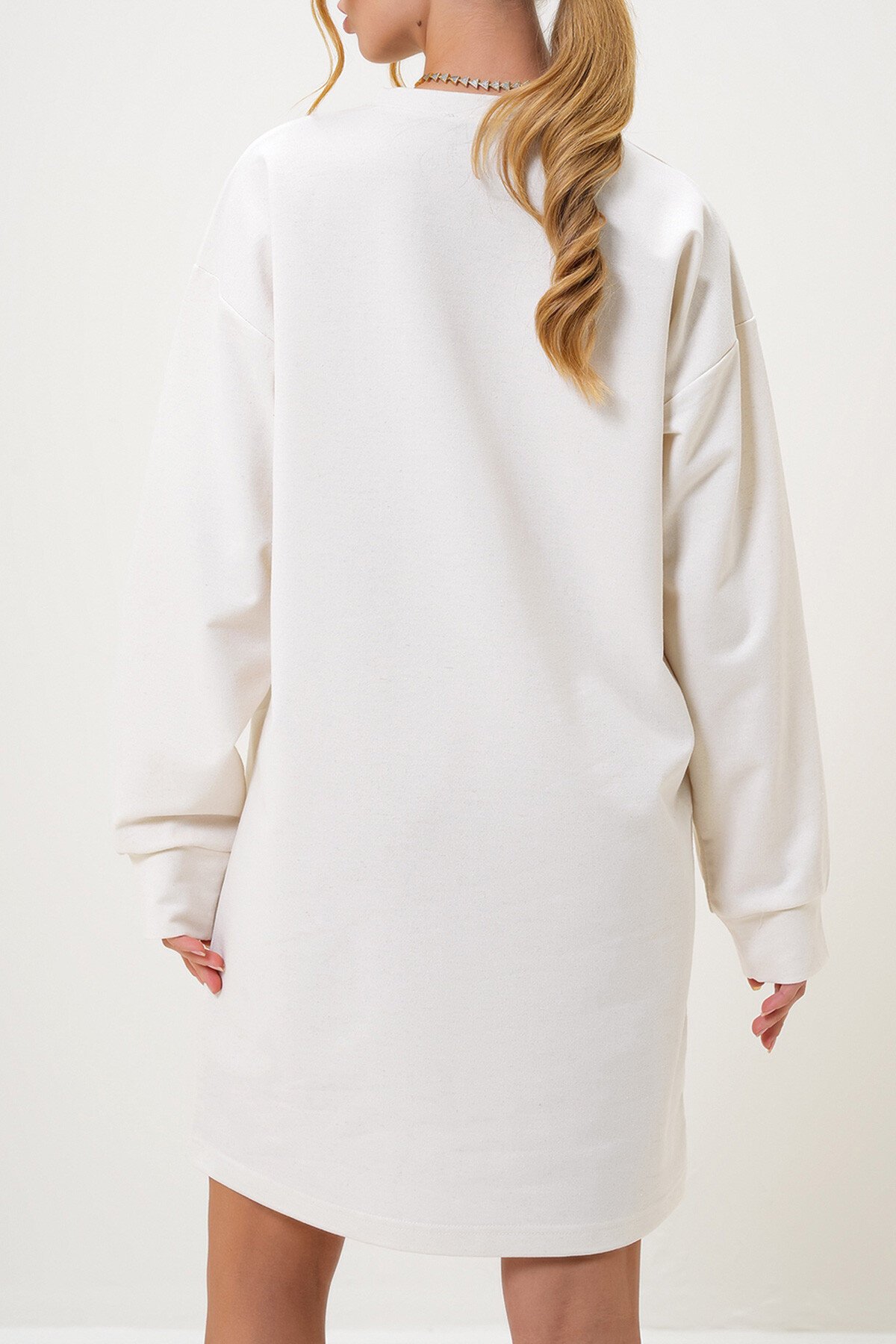 Ekru Bisiklet Yaka Sweatshirt Elbise