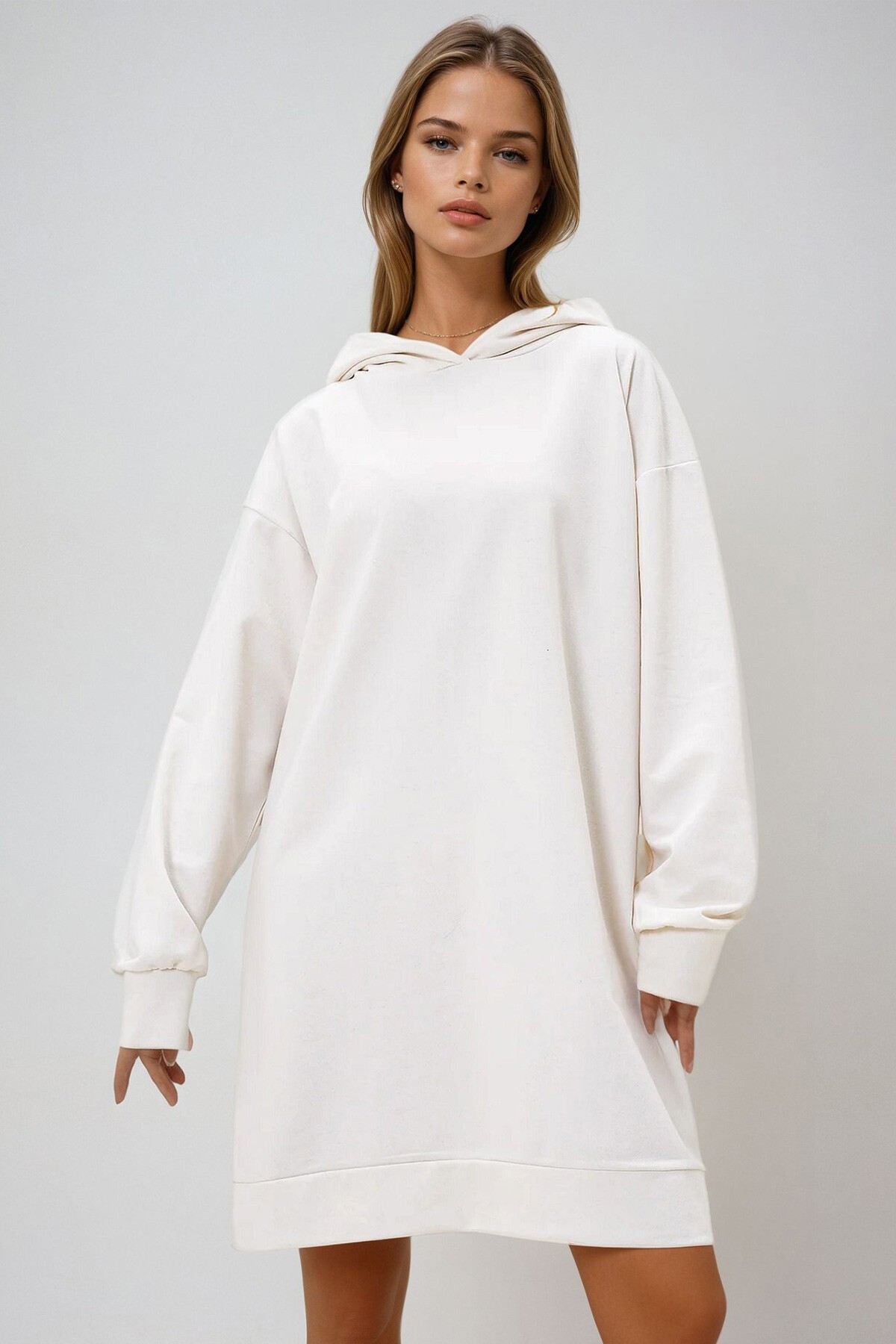 Ekru Kapüşonlu Sweatshirt Elbise