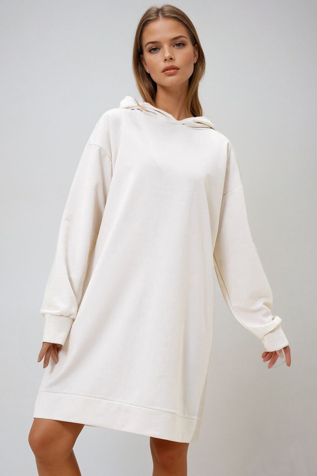 Ekru Kapüşonlu Sweatshirt Elbise