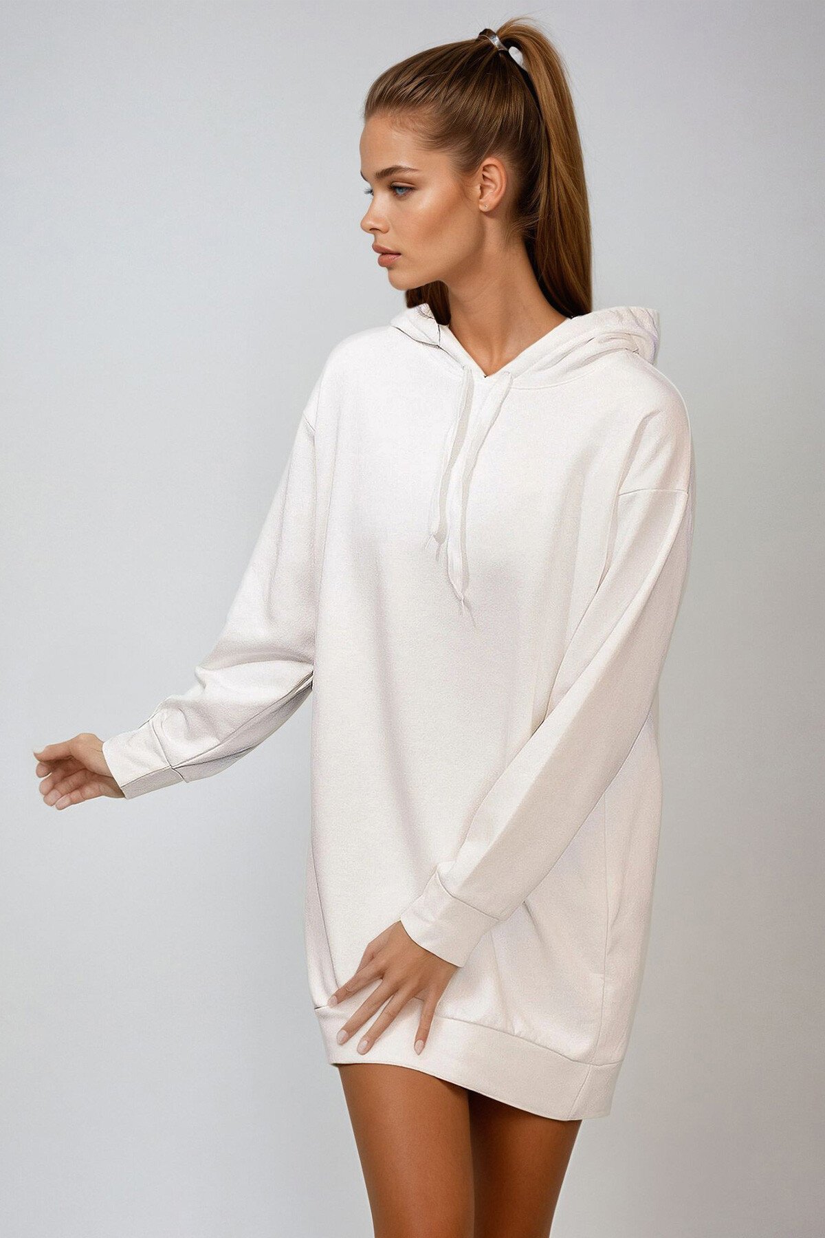 Ekru Kapüşonlu Sweatshirt Elbise