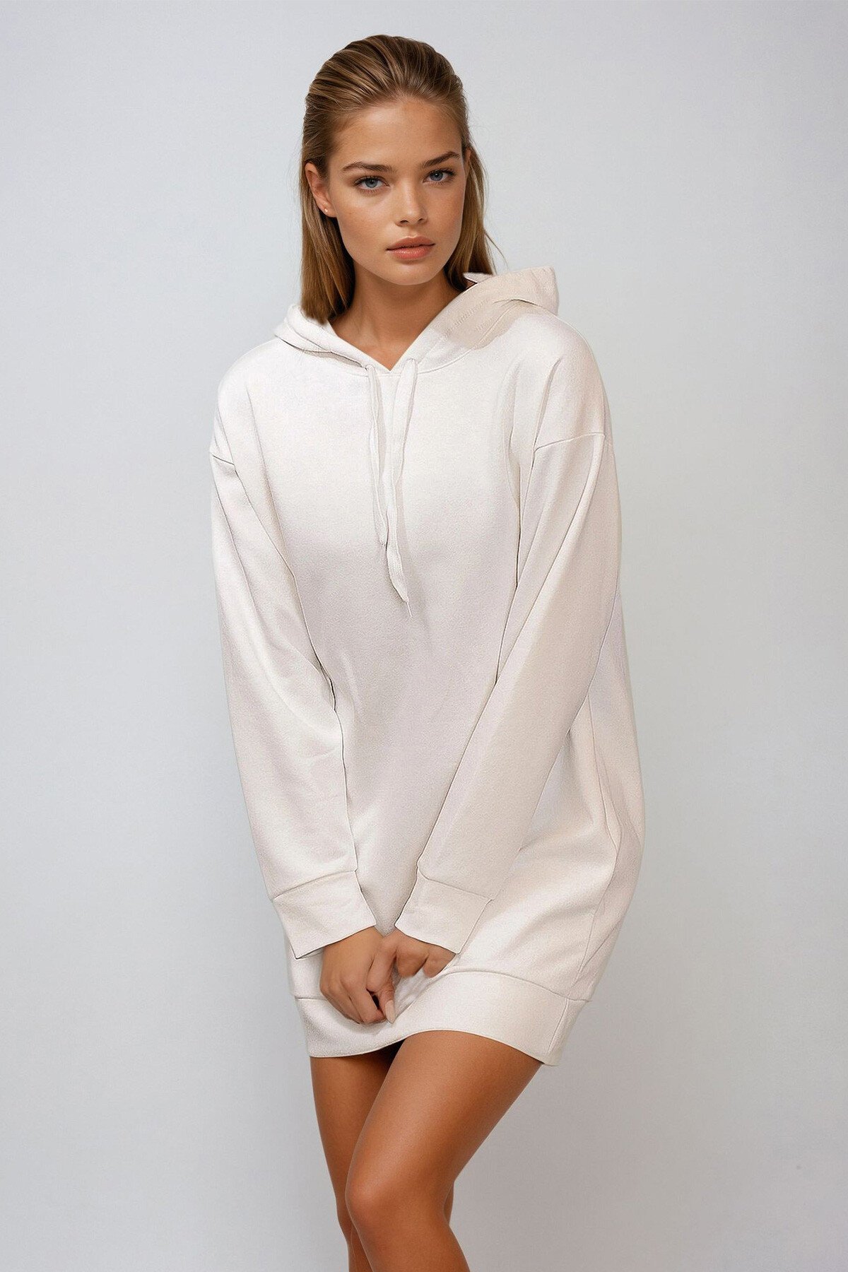 Ekru Kapüşonlu Sweatshirt Elbise