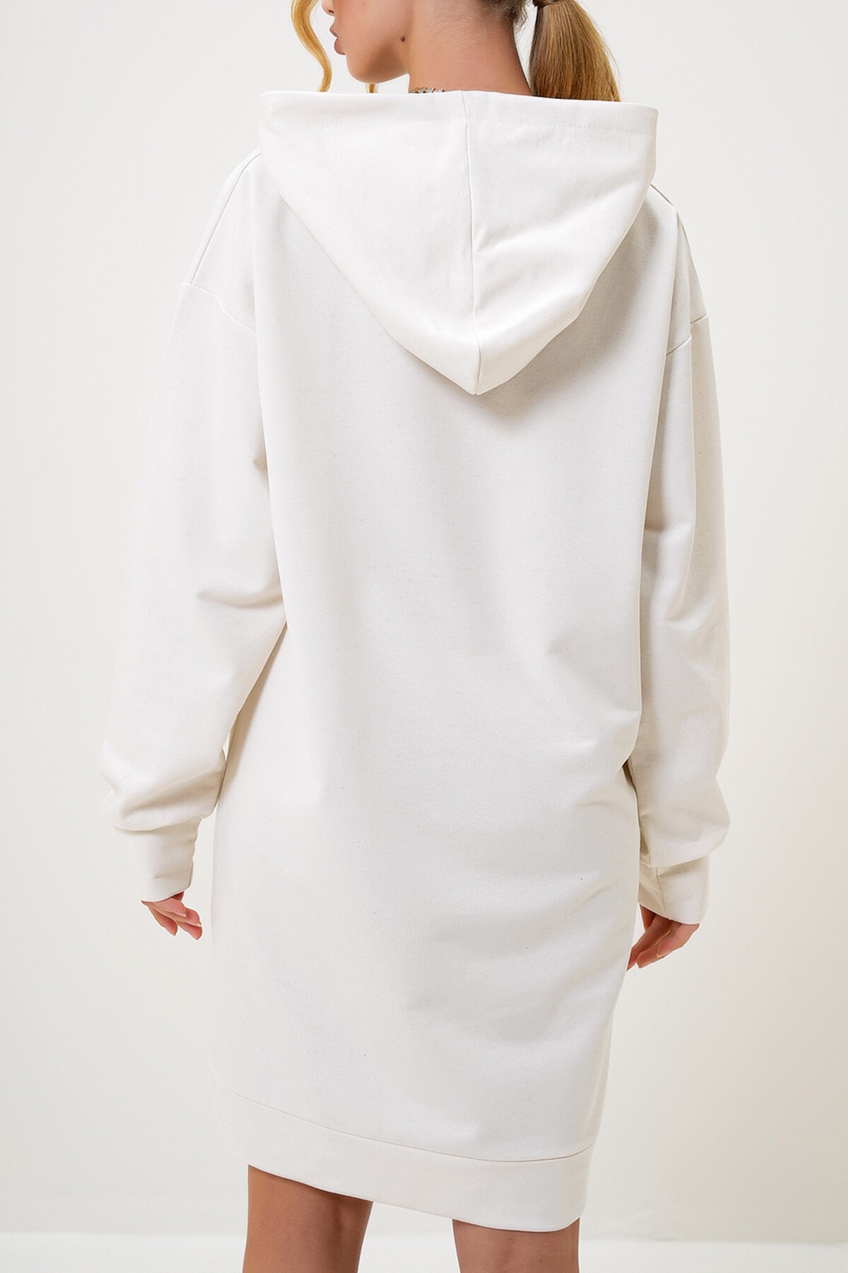 Ekru Kapüşonlu Sweatshirt Elbise