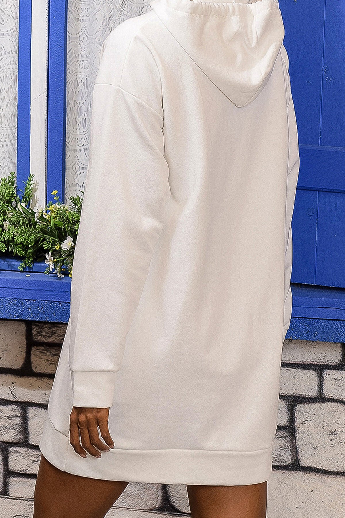 Ekru Kapüşonlu Sweatshirt Elbise