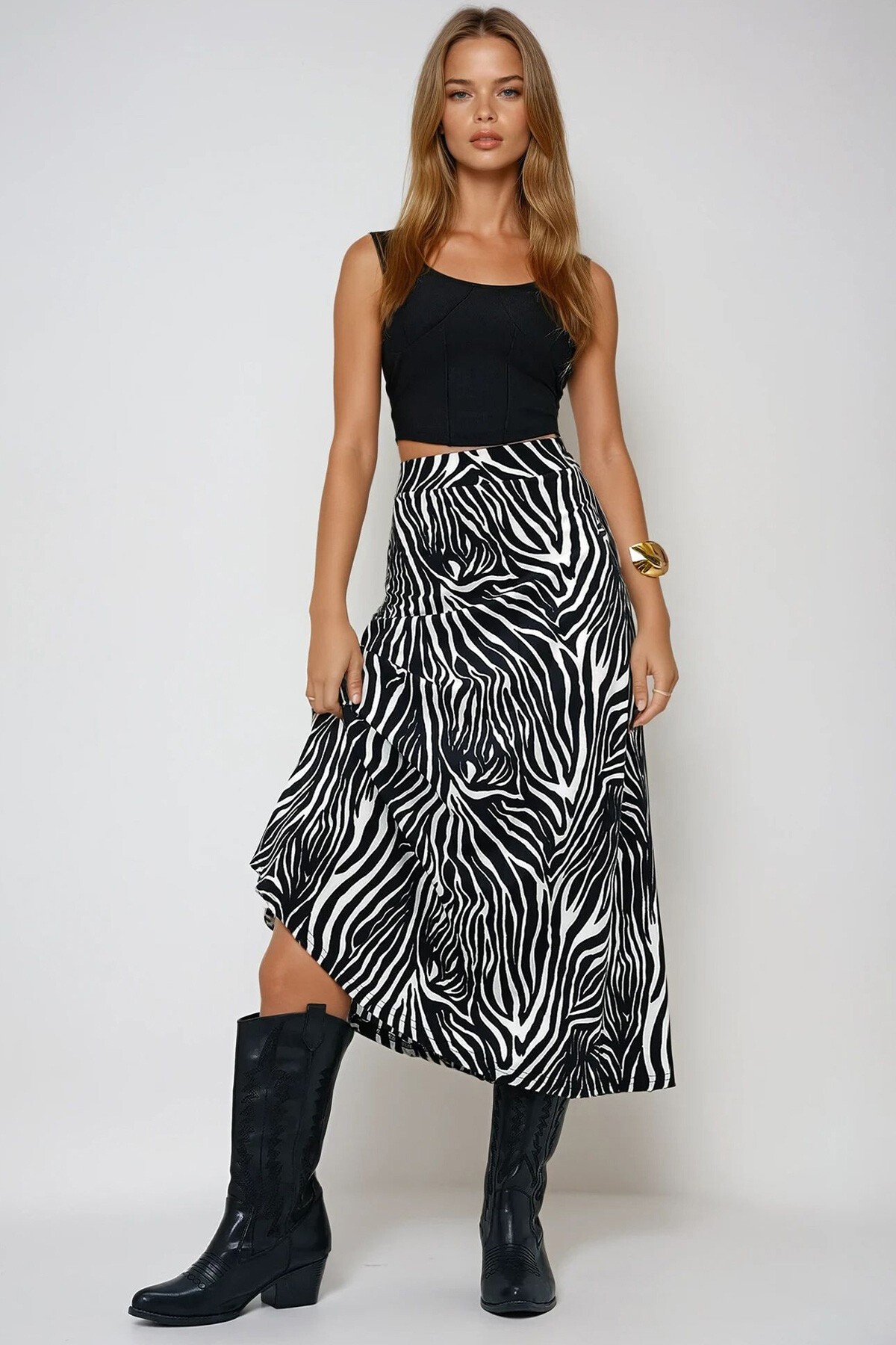 Ekru Siyah Beli Lastikli Süet Dokulu Desenli Uzun Etek