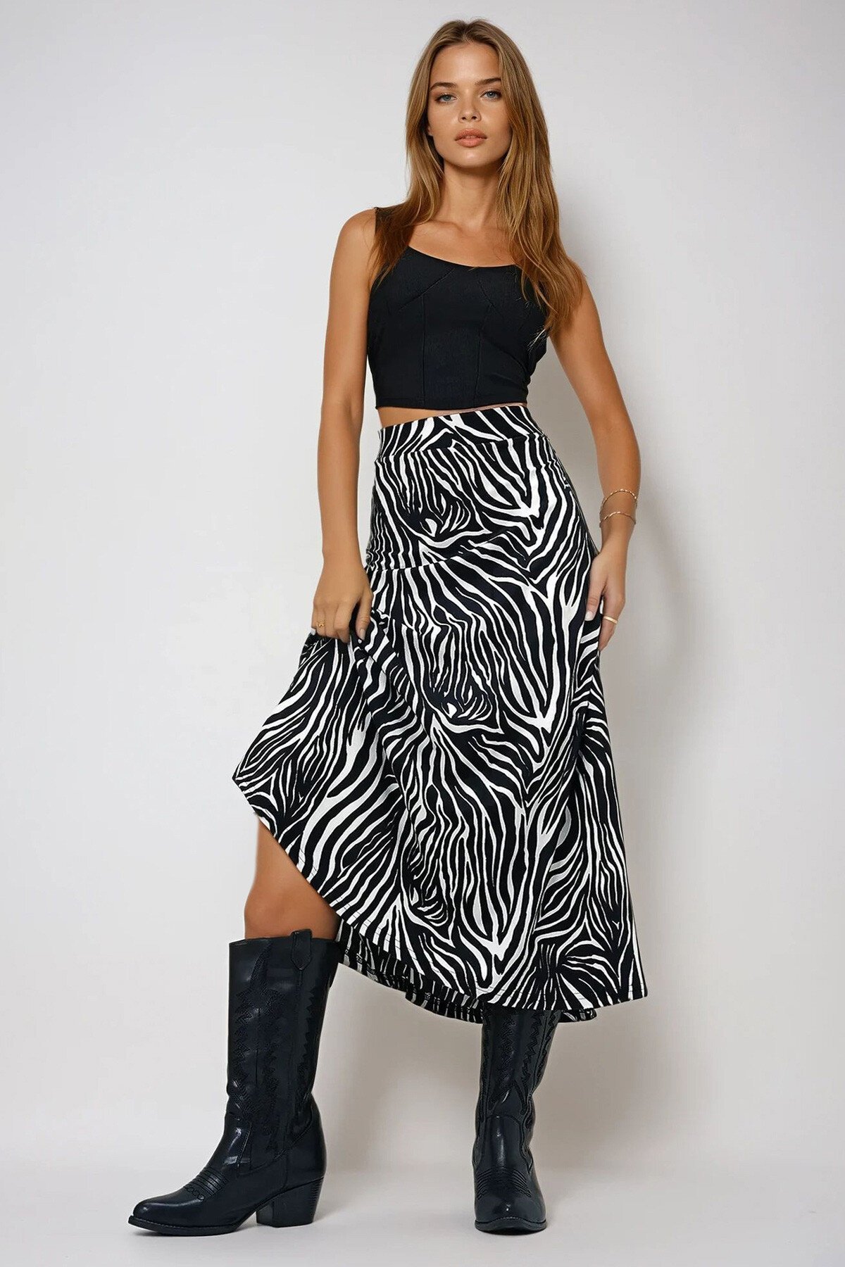 Ekru Siyah Beli Lastikli Süet Dokulu Desenli Uzun Etek