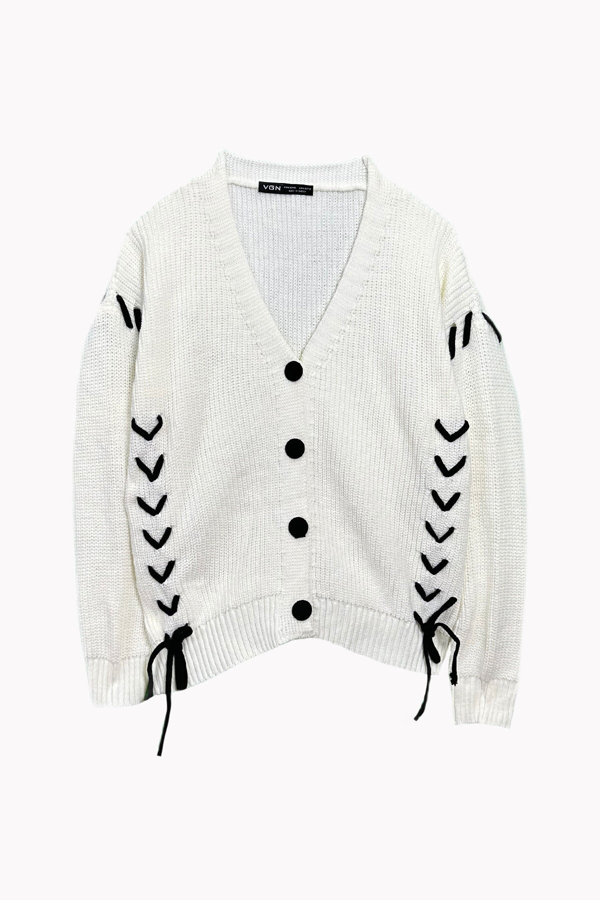 Ekru V Yaka Düğmeli Bağcık Detaylı Örme Triko Hırka