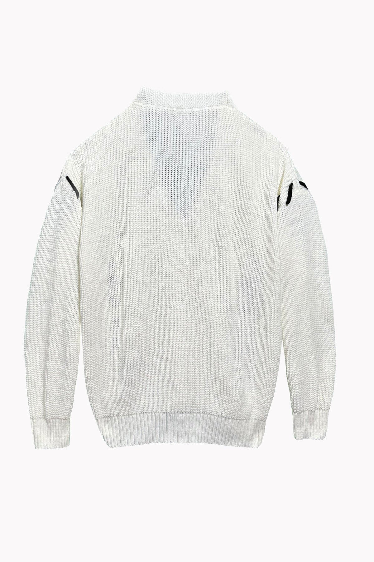 Ekru V Yaka Düğmeli Bağcık Detaylı Örme Triko Hırka