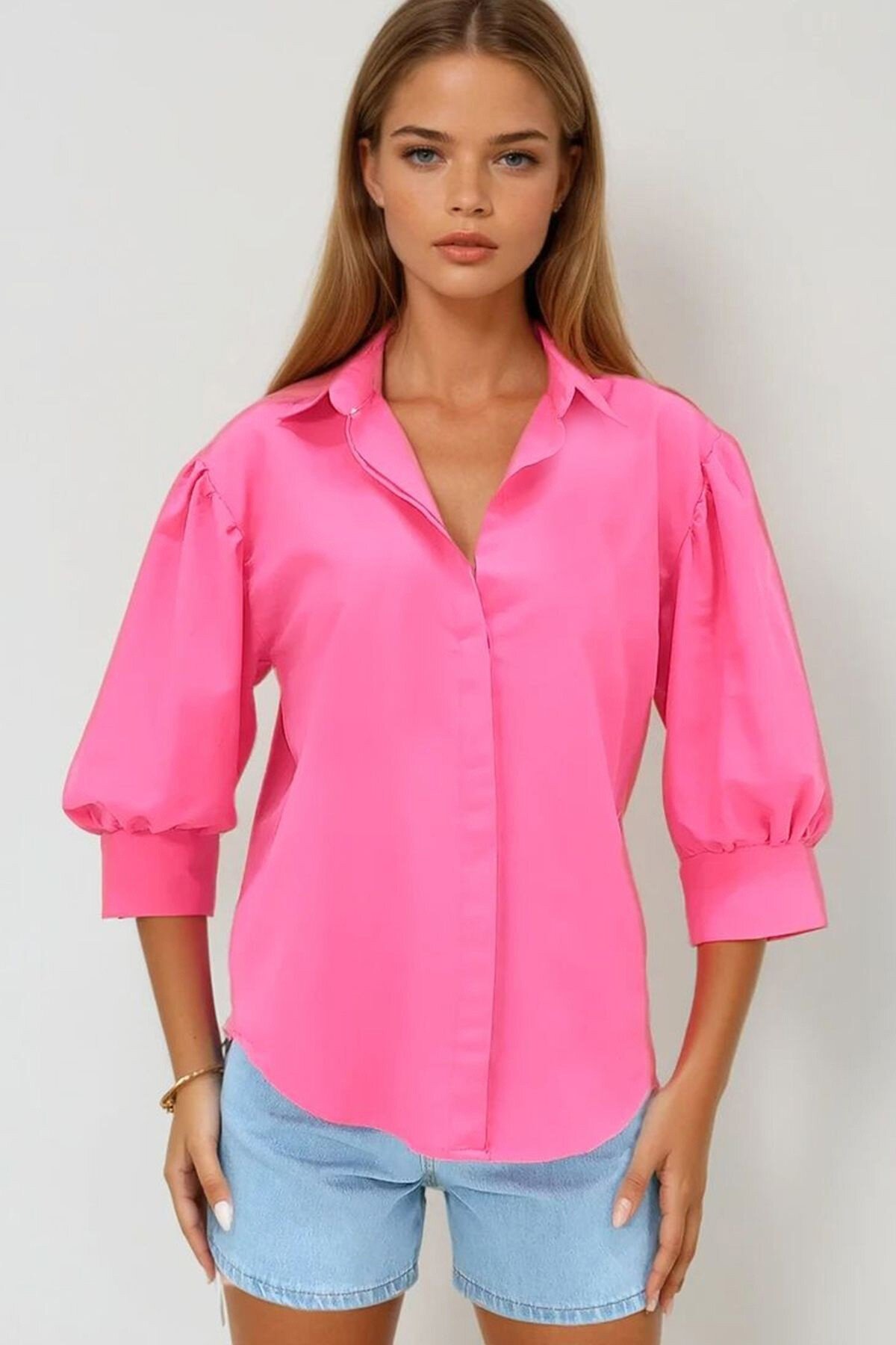 Fuşya Balon Kol Gizli Patlı Dokuma Gömlek