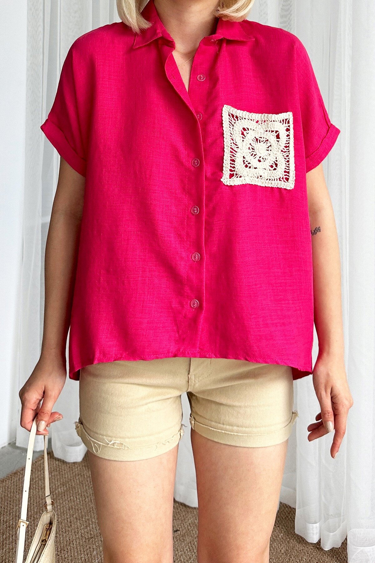 Fuşya Kroşeta Cepli Oversize Keten Gömlek