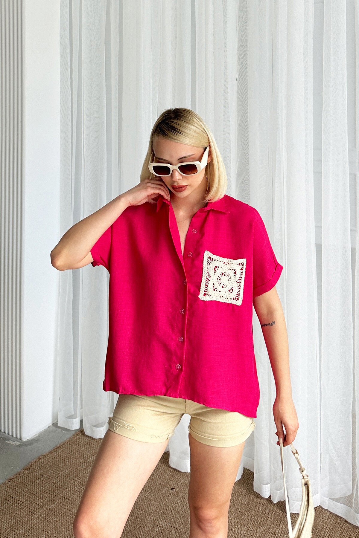 Fuşya Kroşeta Cepli Oversize Keten Gömlek