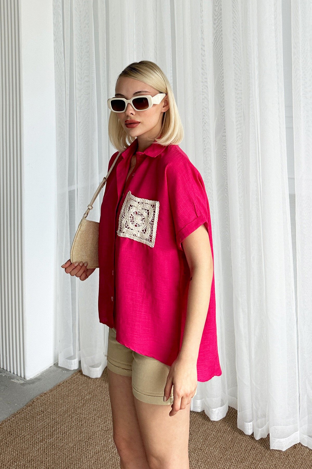 Fuşya Kroşeta Cepli Oversize Keten Gömlek