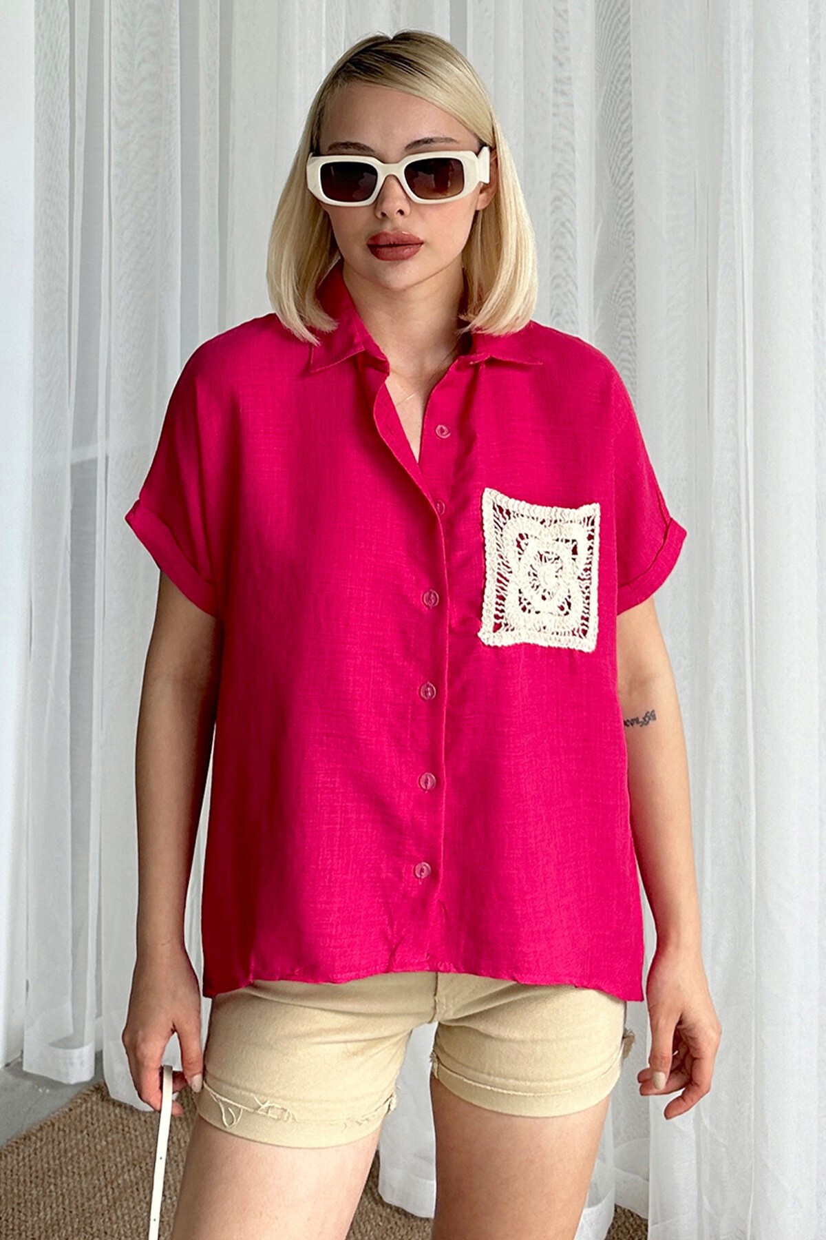 Fuşya Kroşeta Cepli Oversize Keten Gömlek