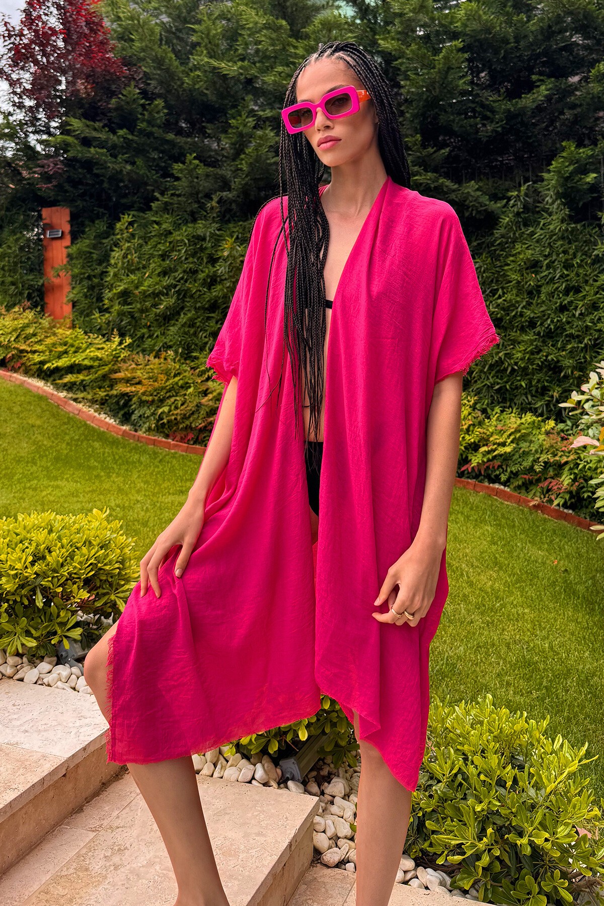 Fuşya Püskül Detaylı Bağlanabilir Plaj Pareosu