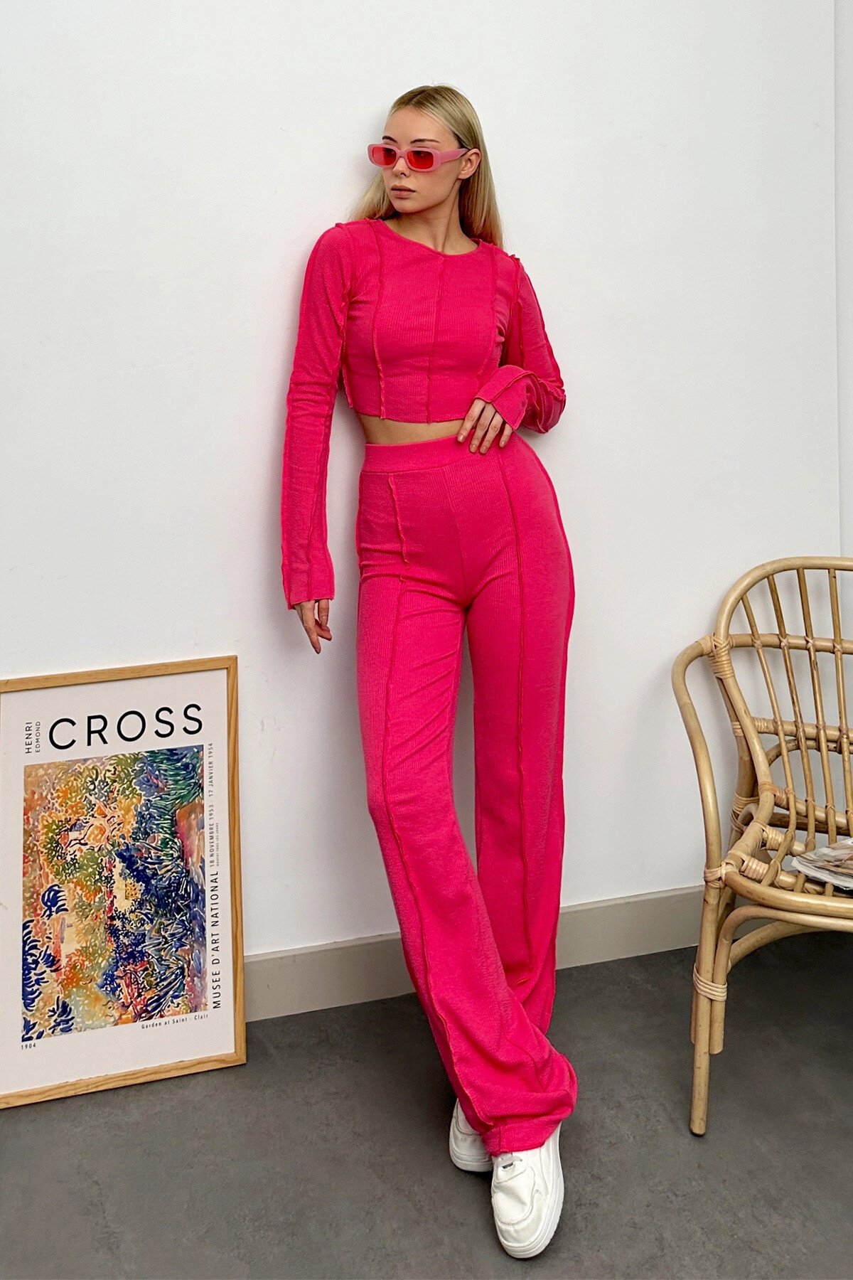 Fuşya Ters Dikiş Detaylı Likralı Alt Üst Takım