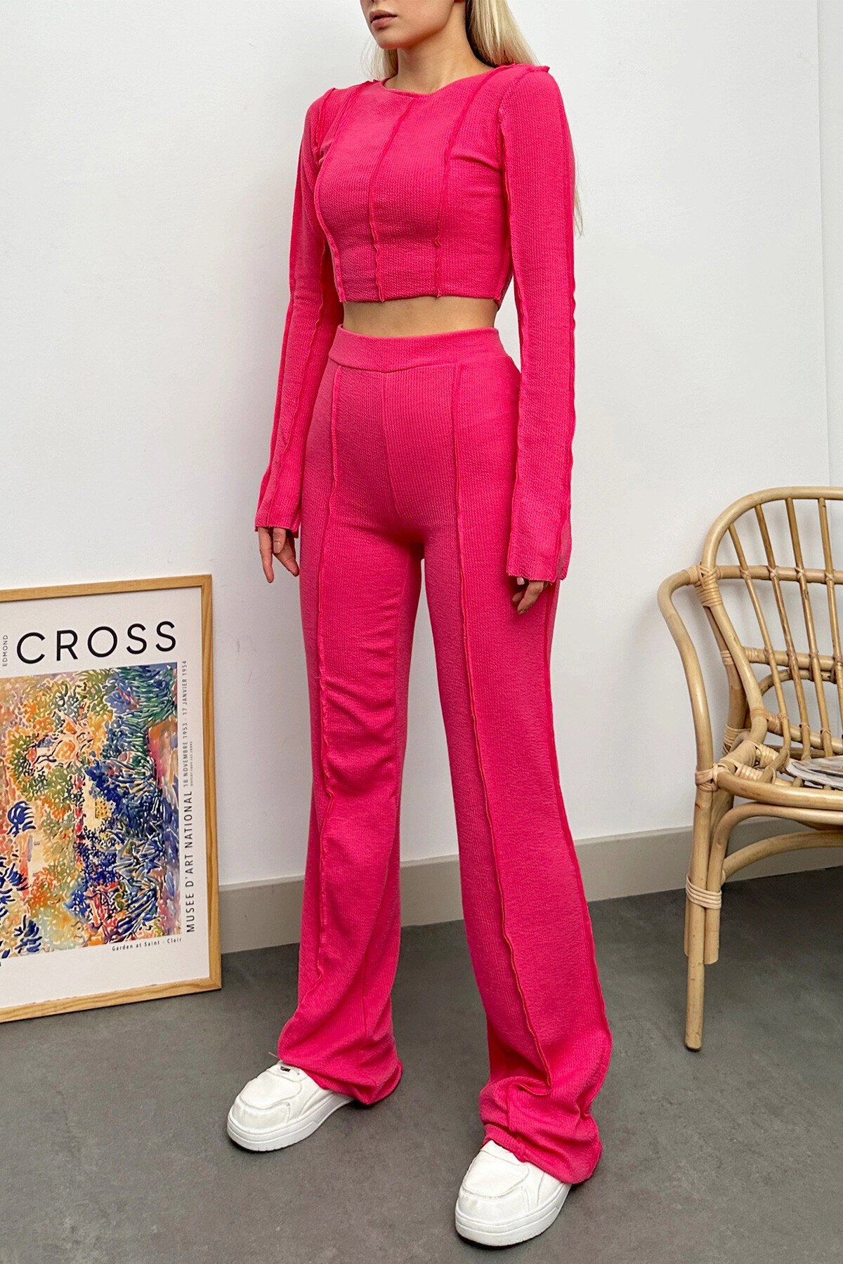 Fuşya Ters Dikiş Detaylı Likralı Alt Üst Takım