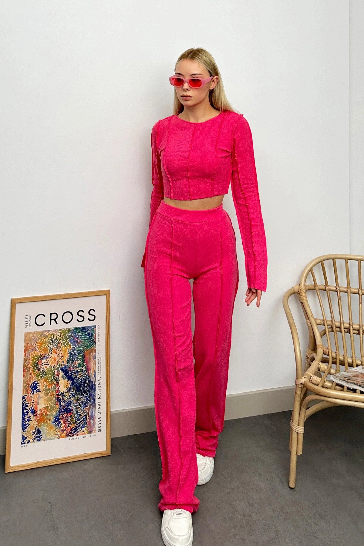 Fuşya Ters Dikiş Detaylı Likralı Alt Üst Takım