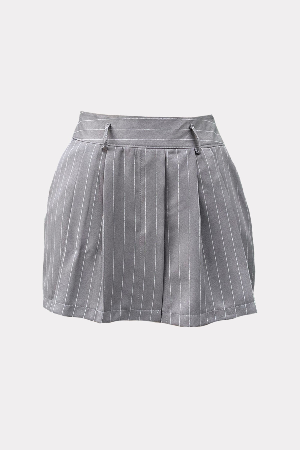 Gri Çift Cepli Çizgili Dokuma Şort Etek