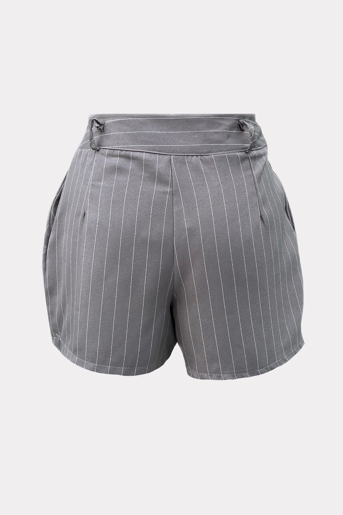 Gri Çift Cepli Çizgili Dokuma Şort Etek