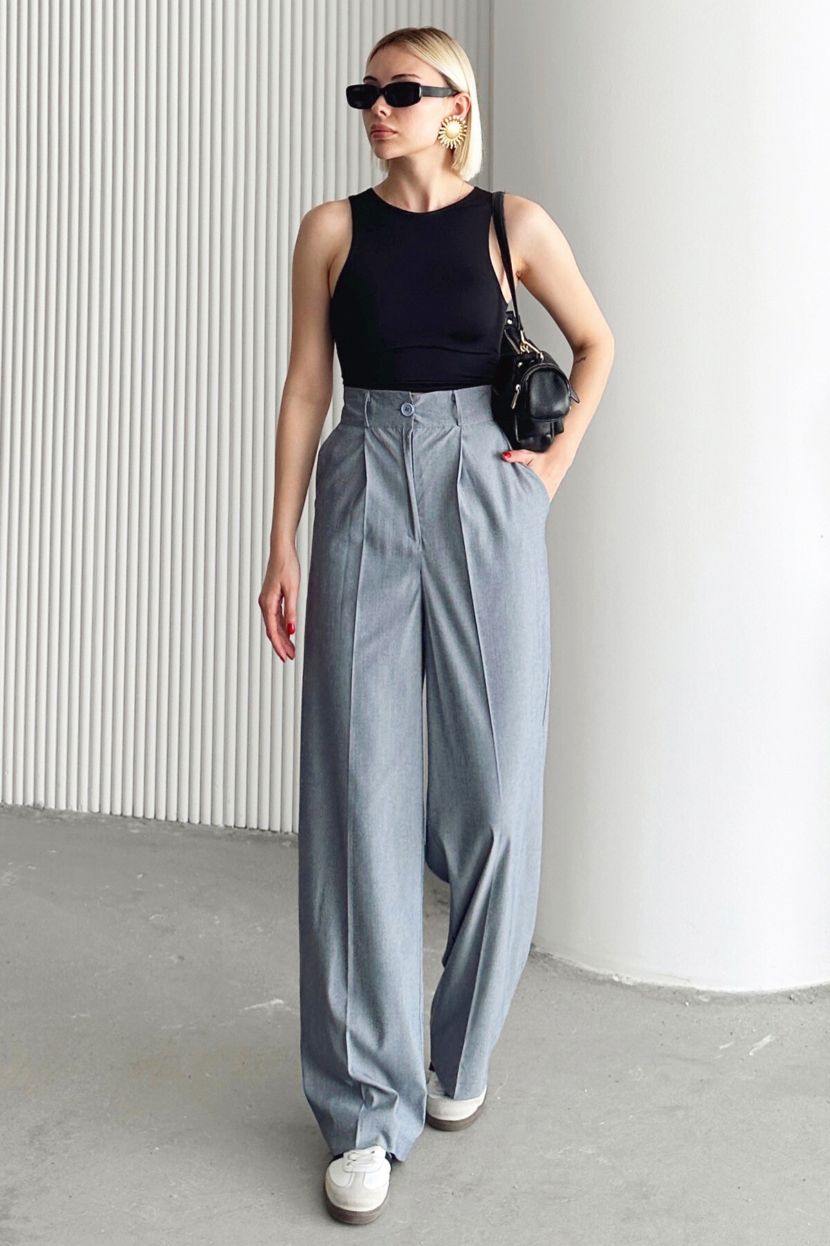 Gri Çift Cepli Pileli Keten Palazzo Pantolon