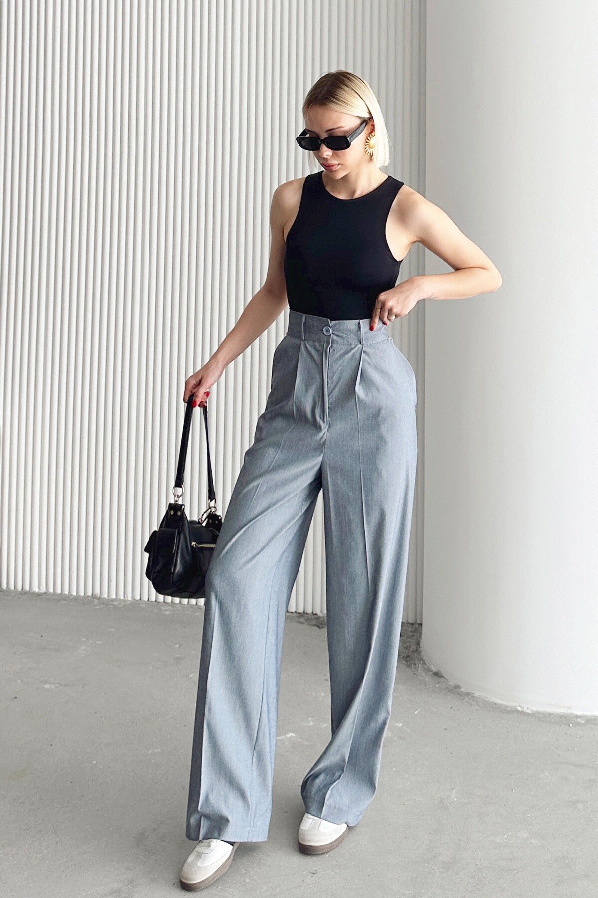 Gri Çift Cepli Pileli Keten Palazzo Pantolon