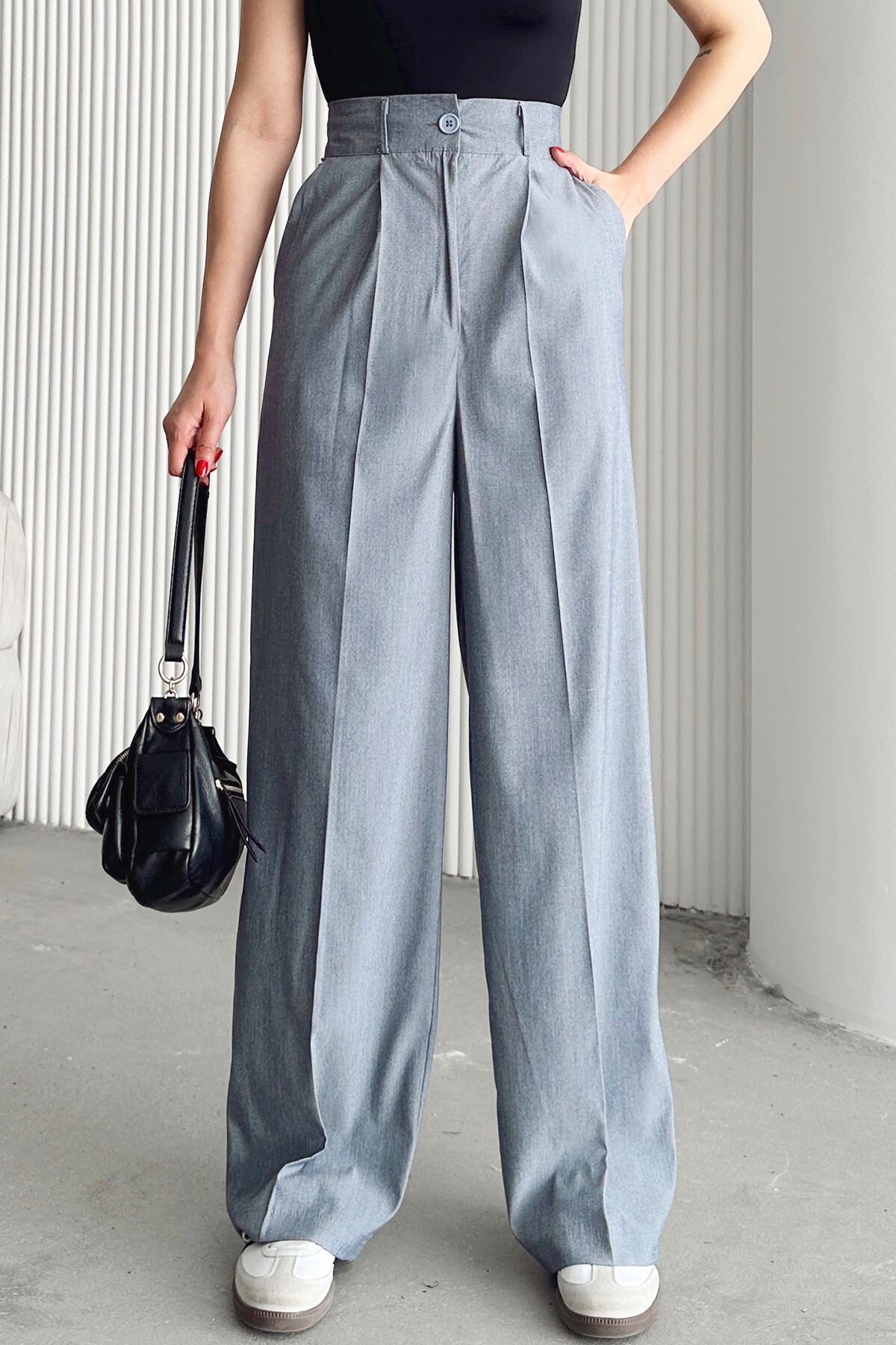 Gri Çift Cepli Pileli Keten Palazzo Pantolon