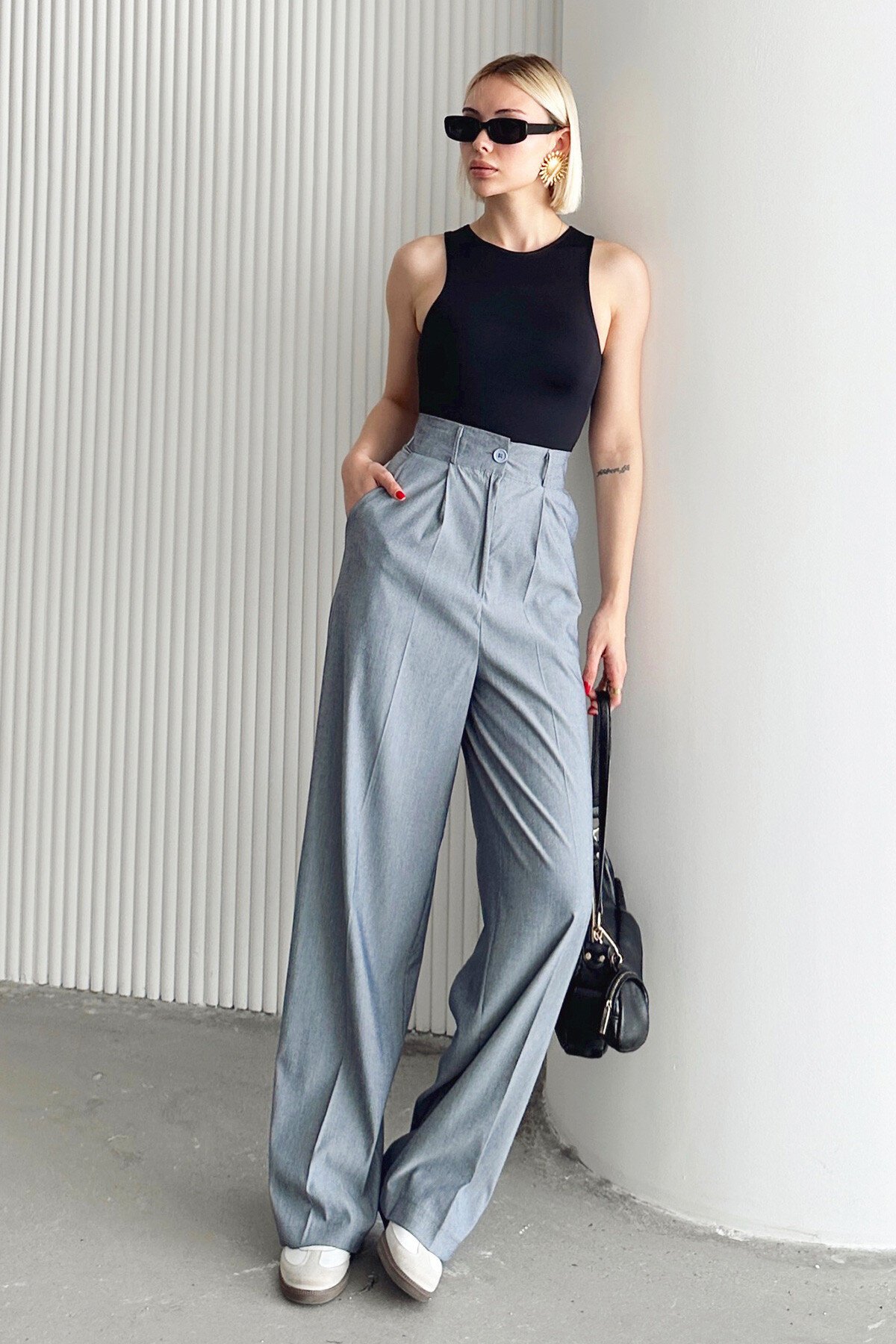 Gri Çift Cepli Pileli Keten Palazzo Pantolon