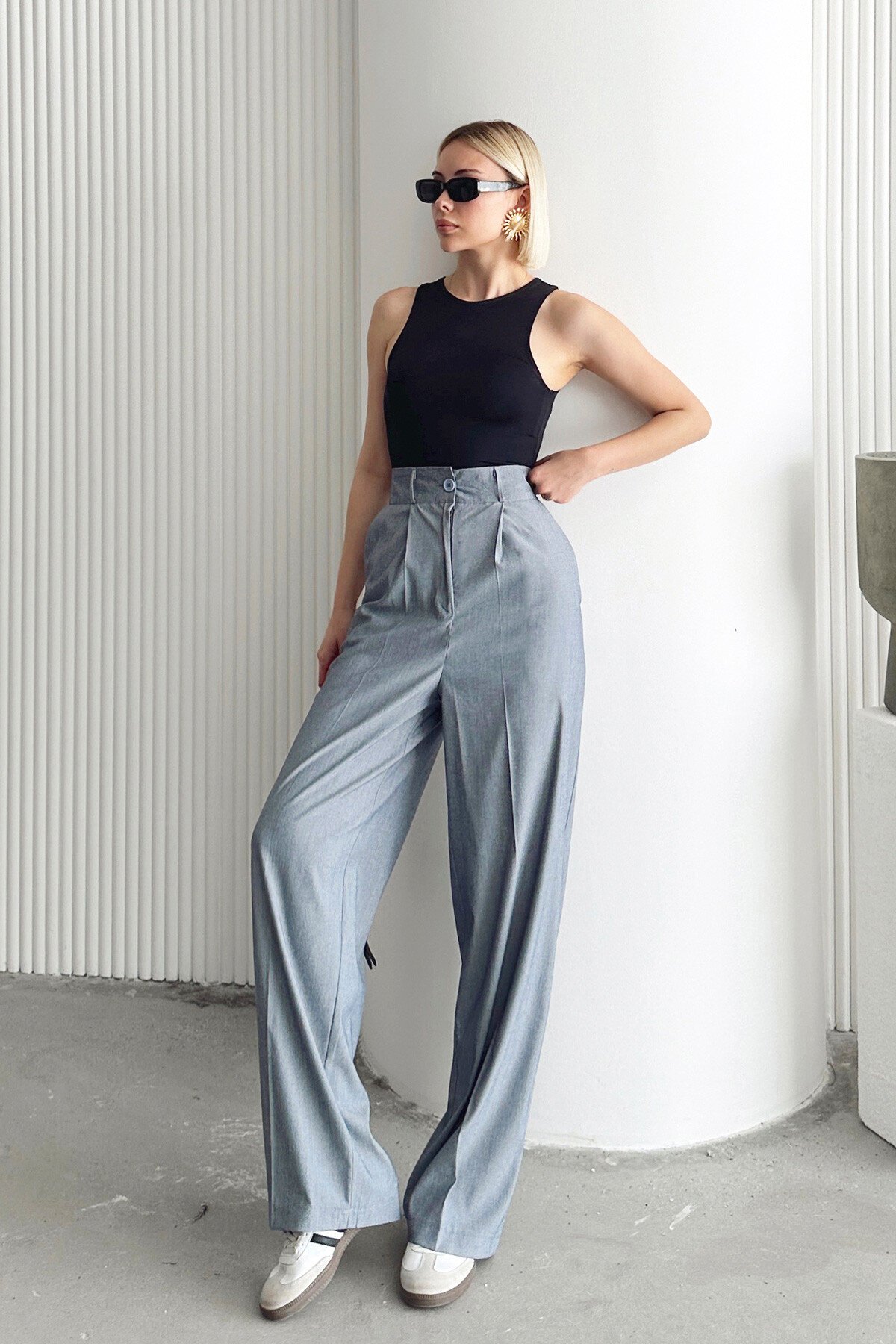 Gri Çift Cepli Pileli Keten Palazzo Pantolon