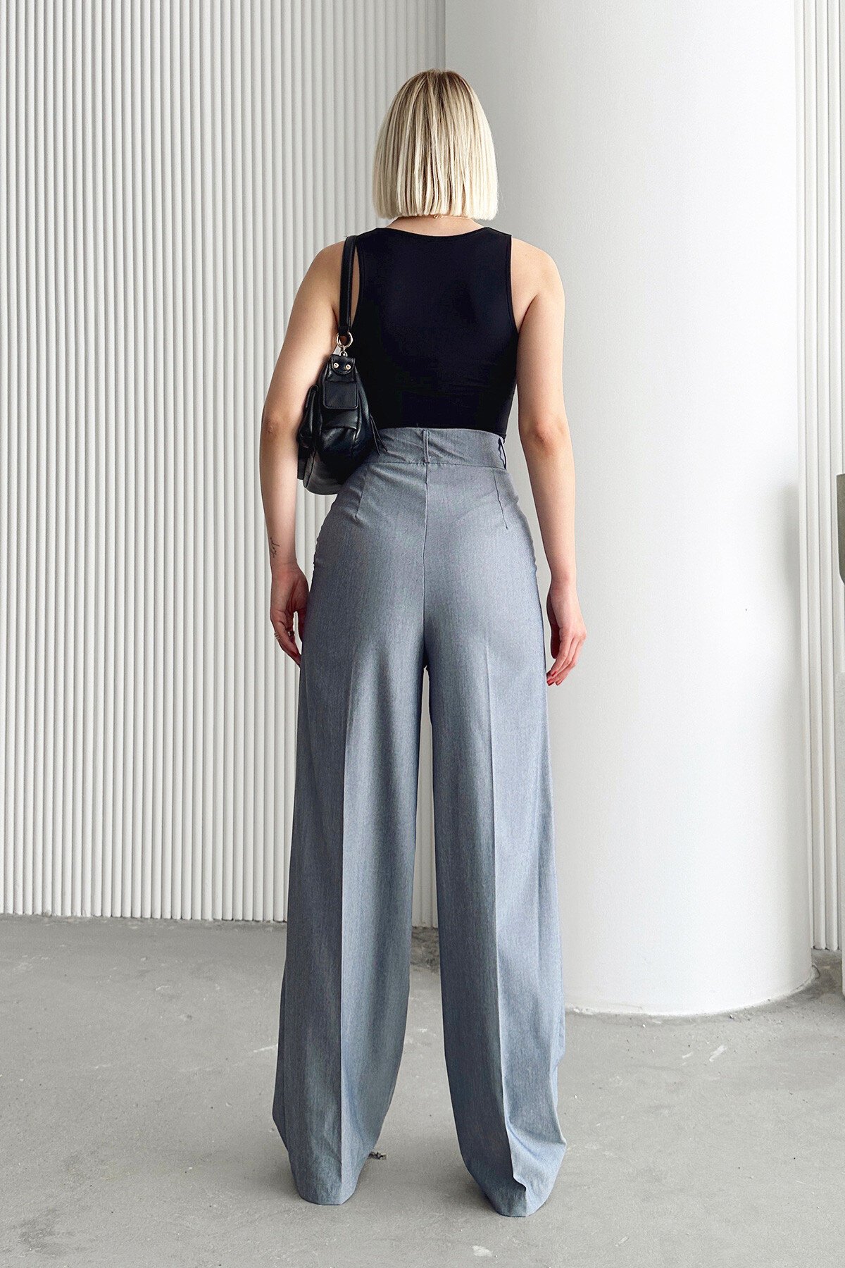 Gri Çift Cepli Pileli Keten Palazzo Pantolon