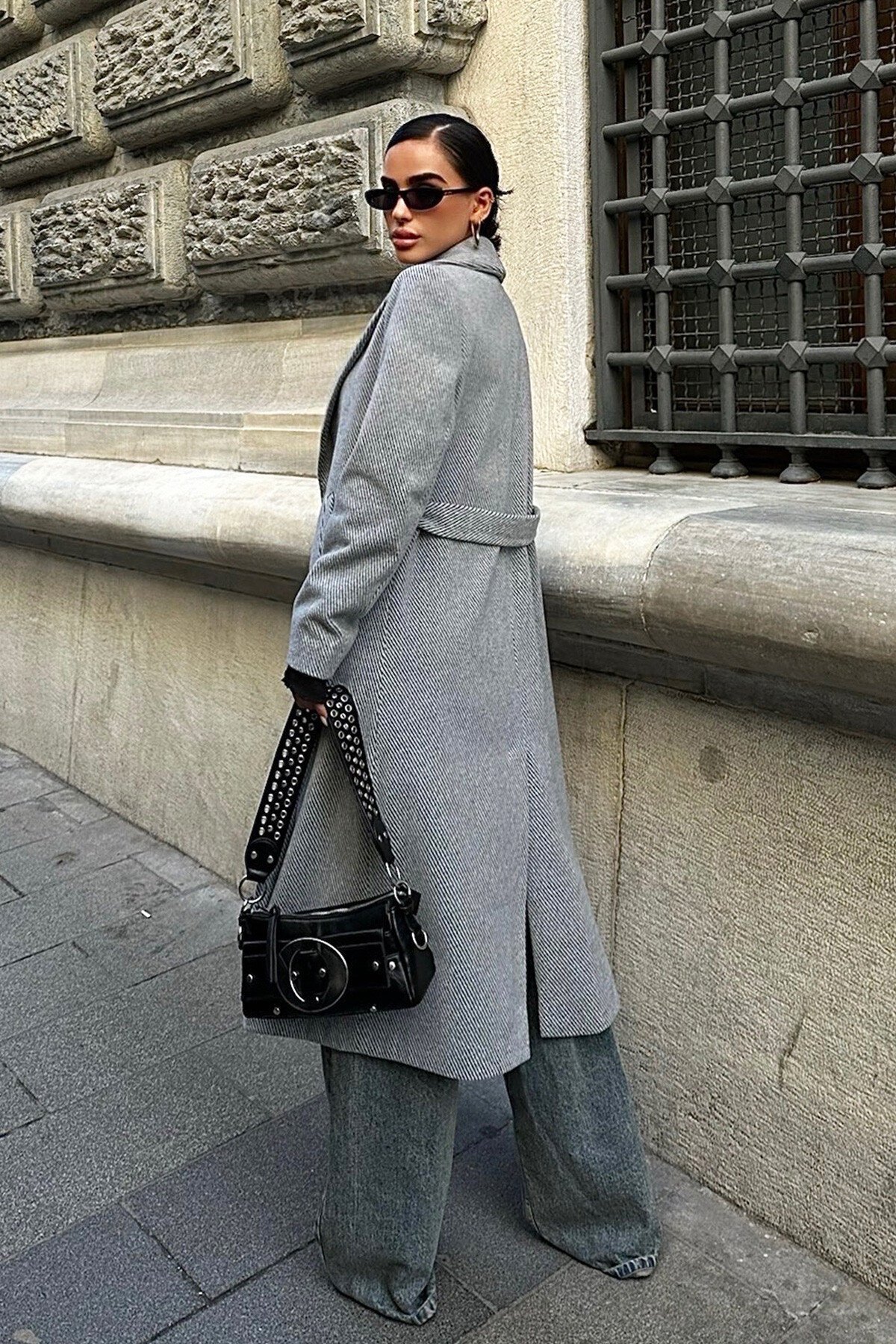 Gri Diyagonal Kaşe Kaban