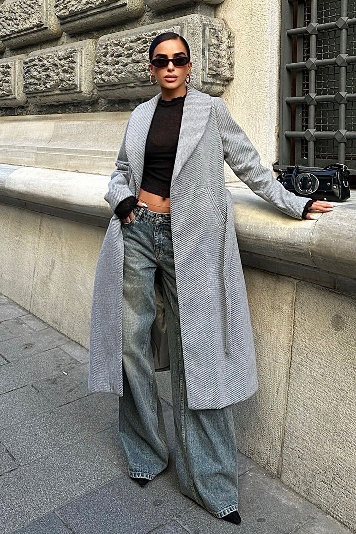 Gri Diyagonal Kaşe Kaban