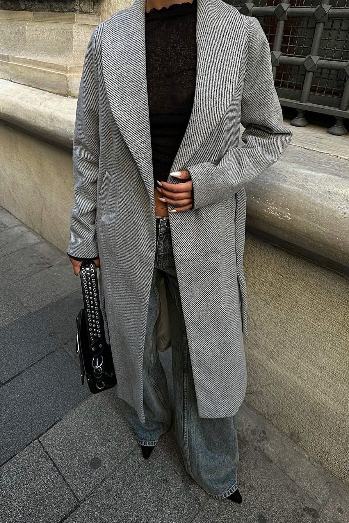 Gri Diyagonal Kaşe Kaban