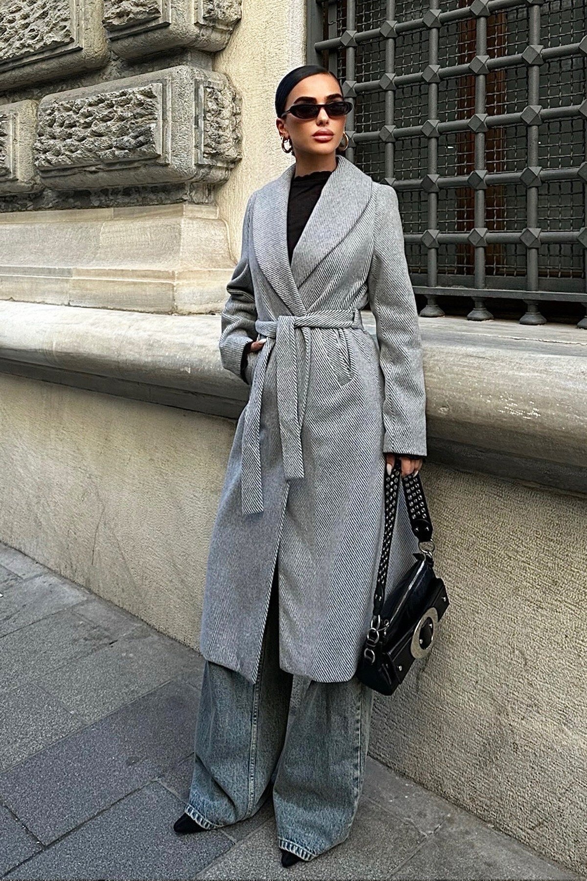 Gri Diyagonal Kaşe Kaban