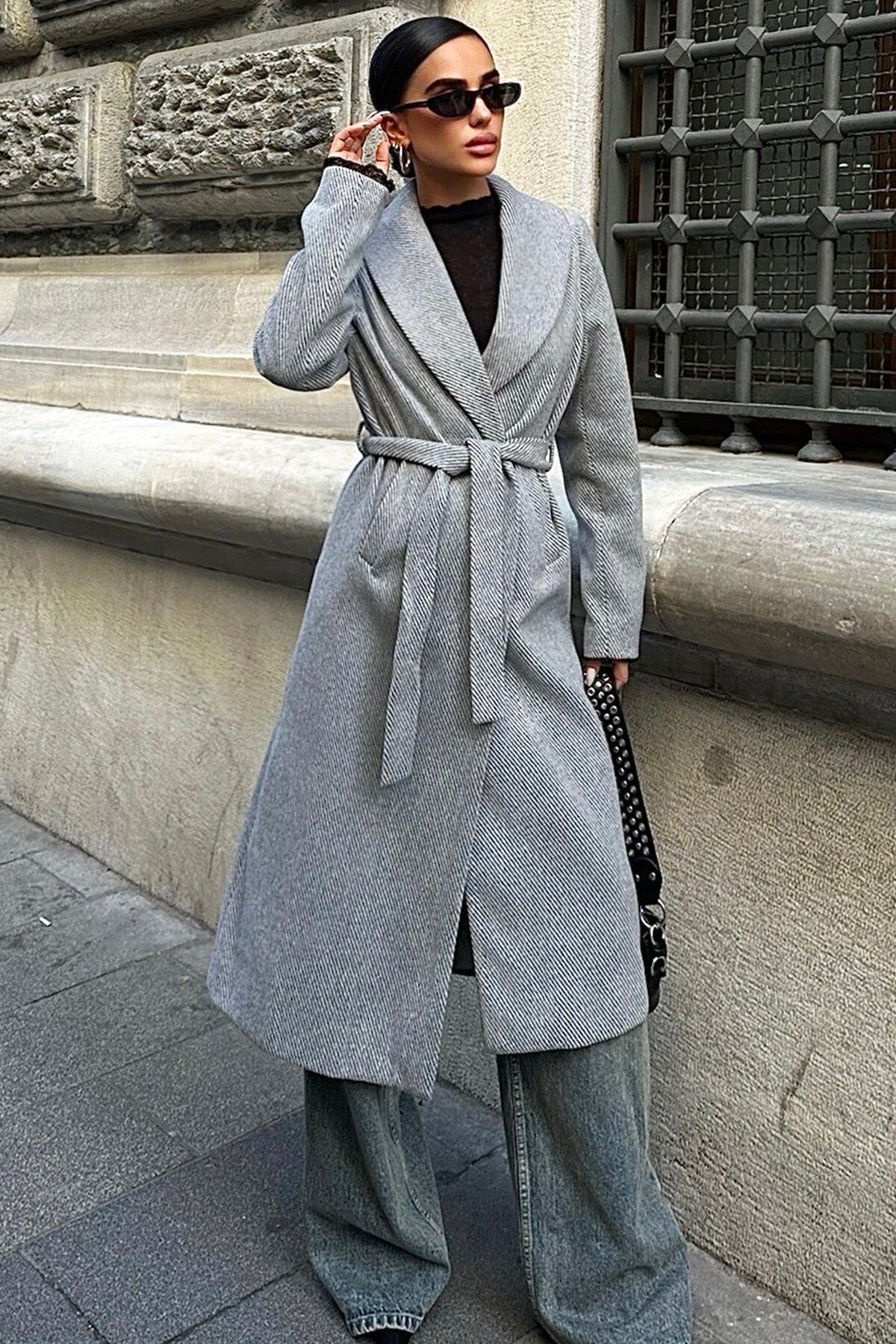 Gri Diyagonal Kaşe Kaban