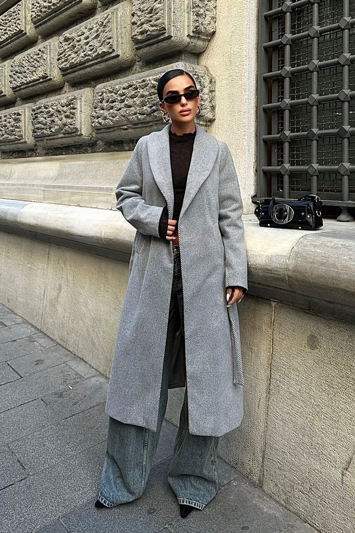 Gri Diyagonal Kaşe Kaban