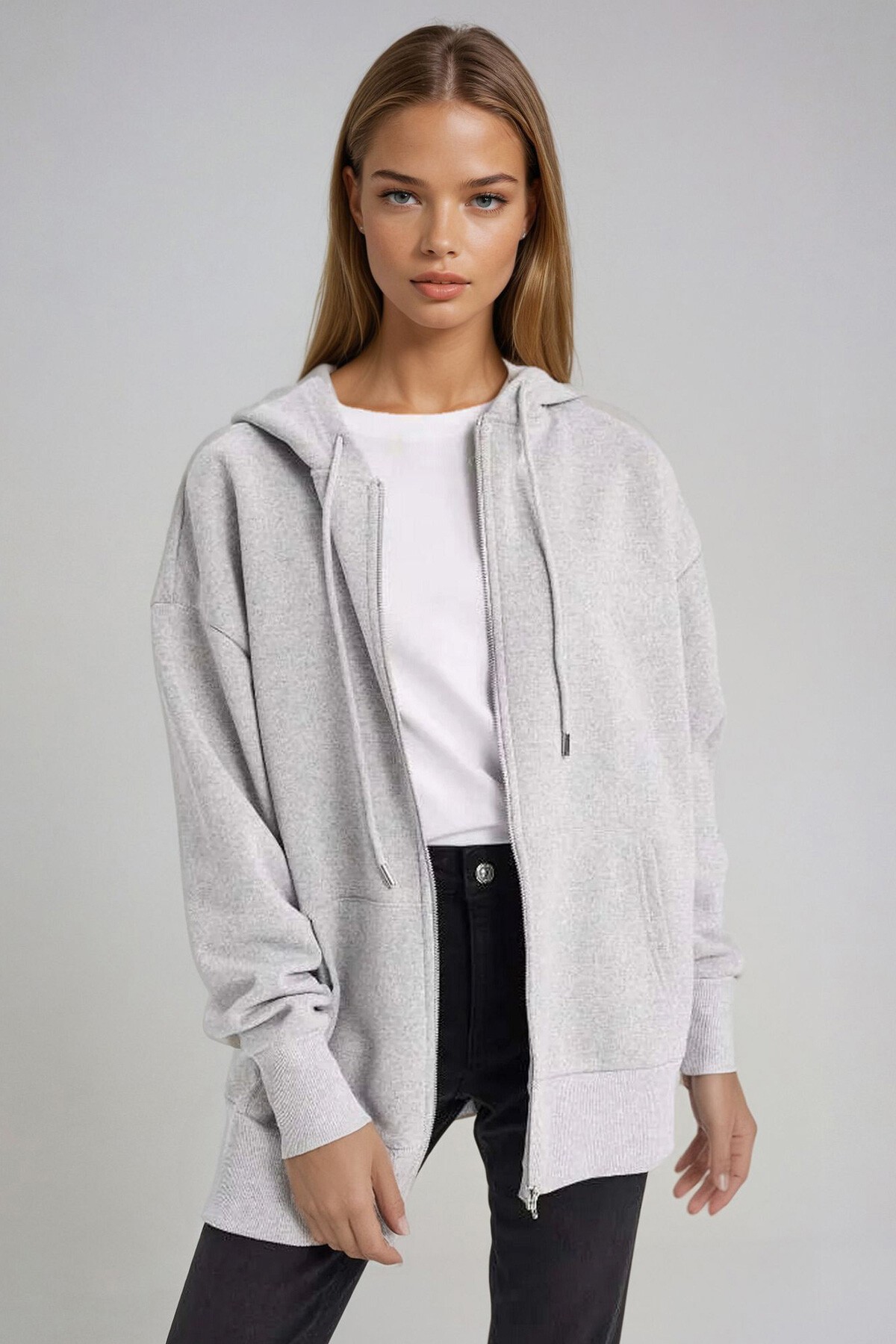 Gri Kapüşonlu Çift Cepli Fermuarlı Oversize Sweatshirt
