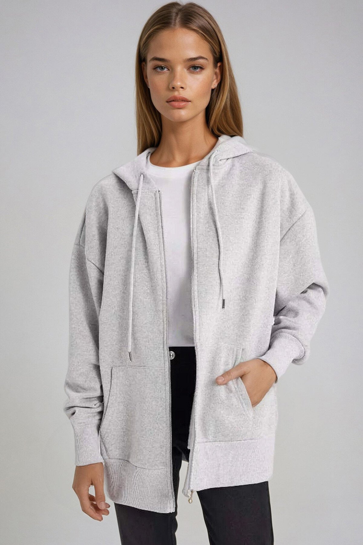 Gri Kapüşonlu Çift Cepli Fermuarlı Oversize Sweatshirt