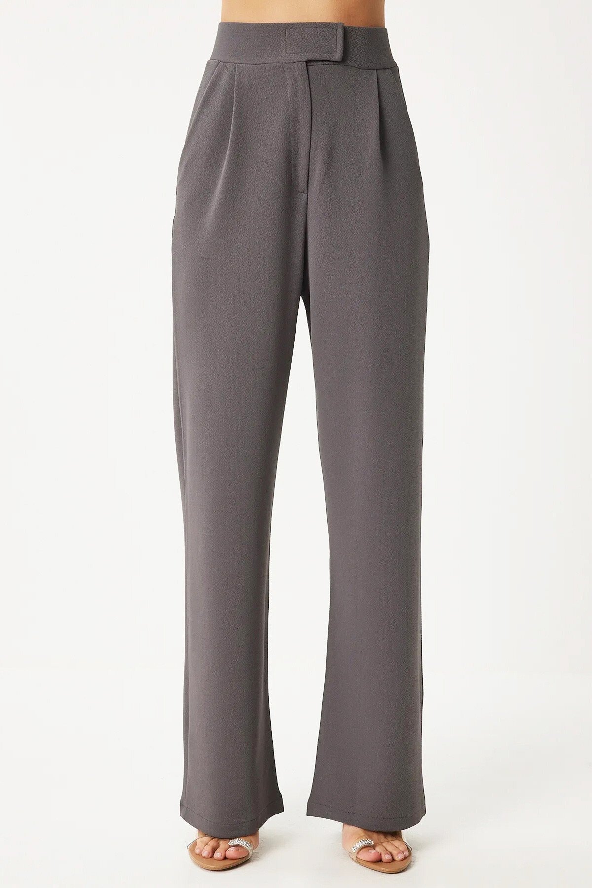 Gri Likralı Cırt Kapamalı Çift Cepli Palazzo Pantalon